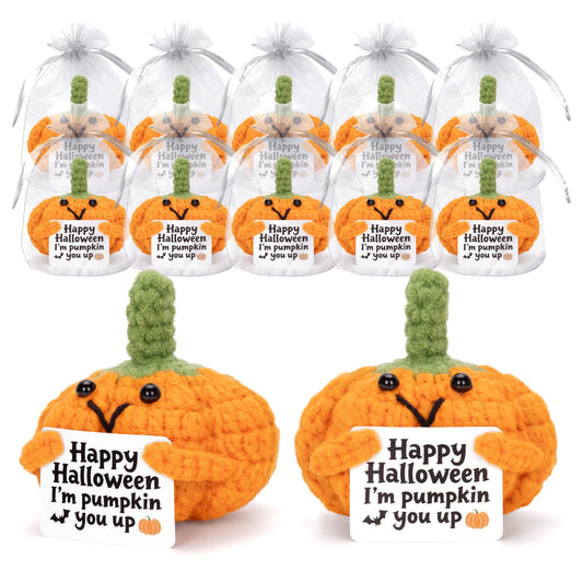 12Pcs Funny Positive Pumpkin Emotional Support Plush, Cute Crochet Toy with Positive Card Cheer Up Dolls Gifts for Halloween Birthday Holiday Party