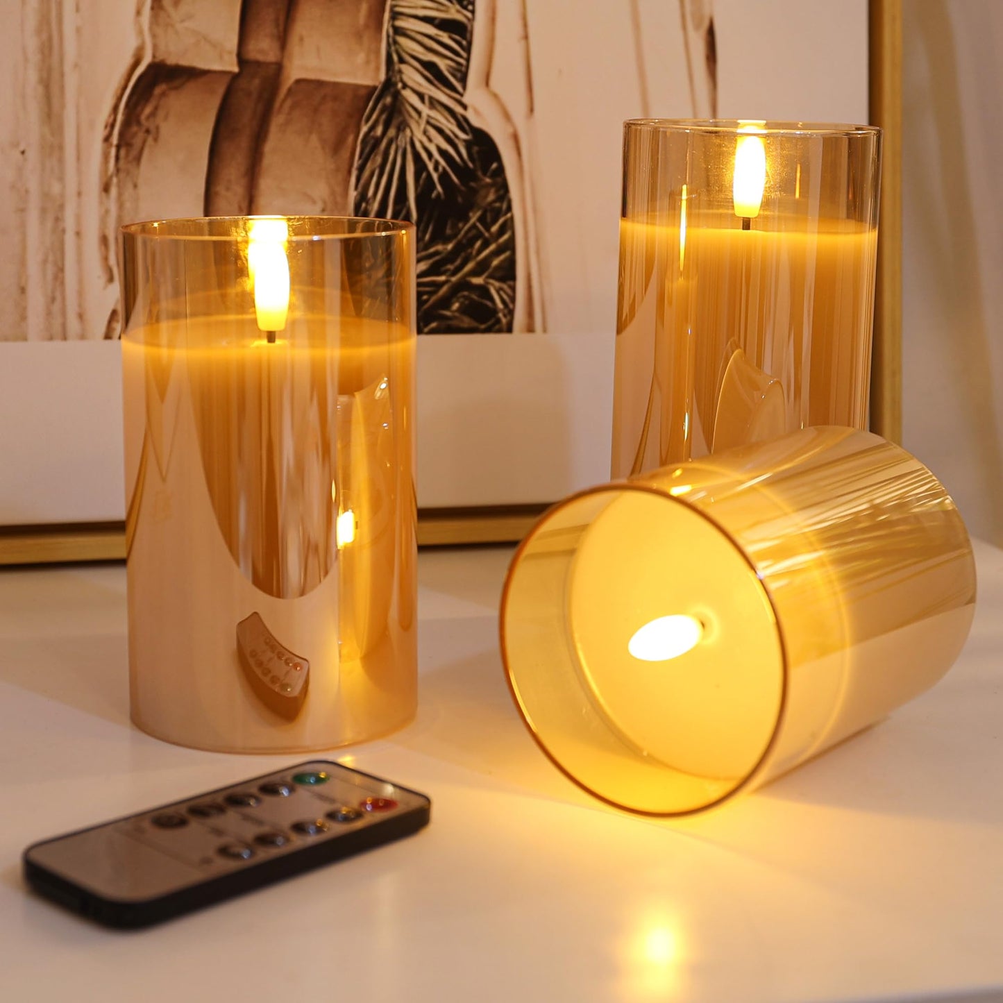 LUSHARBOR LUSHABOR Flameless Candles with Remote, 3 Pack Glass Battery Operated Candles with Timer, Real Wax Glass LED Candles Flickering Wedding Home Party Christmas D3 H4 5" 6"" Gold"