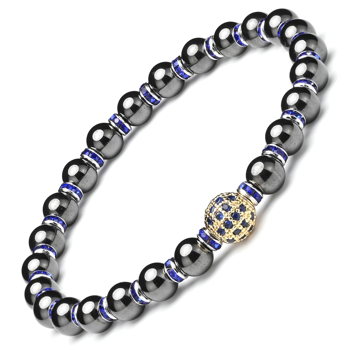 Apocalyptic-K Women's Magnetic Bracelet，Hematite Bracelets，Magnetic Bracelets With Zirconia,Handmade Stretch Bracelet，Eliminates static electricity. (6MM Blue &8MM Zirconia)