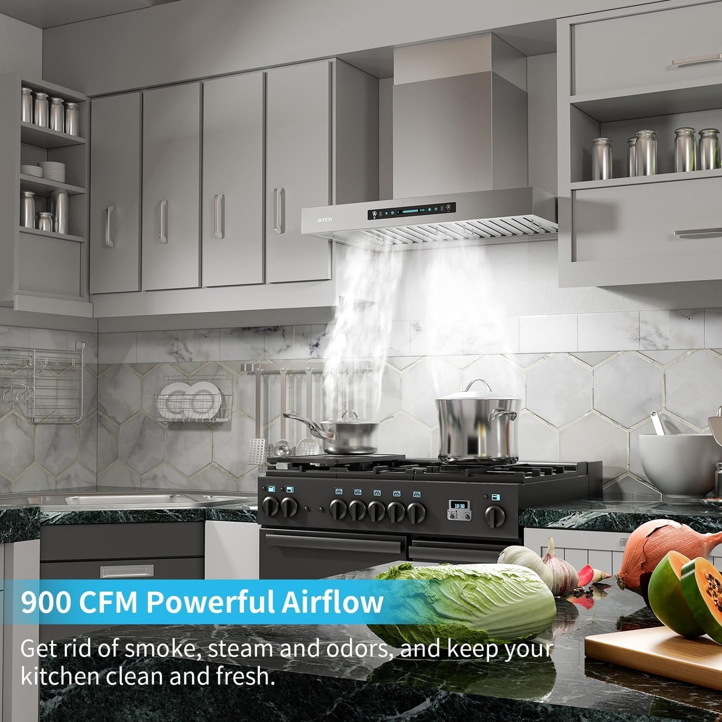 IKTCH 30 inch Wall Mount Range Hood, 1200 CFM Ducted Range Hood with 4 Speed Fan, Durable Stainless Steel with Gesture Sensing & Touch Control IKP01-30