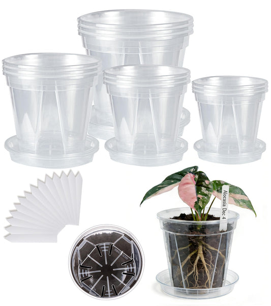 12-Pack Thick Clear Nursery Pots with Saucers (4/5/5.5/6.3 Inch) – Transparent Plastic Plant Pots with Drainage Holes & 12 Labels, Assorted Sizes for Seed Starting, Succulents, Indoor Outdoor Use