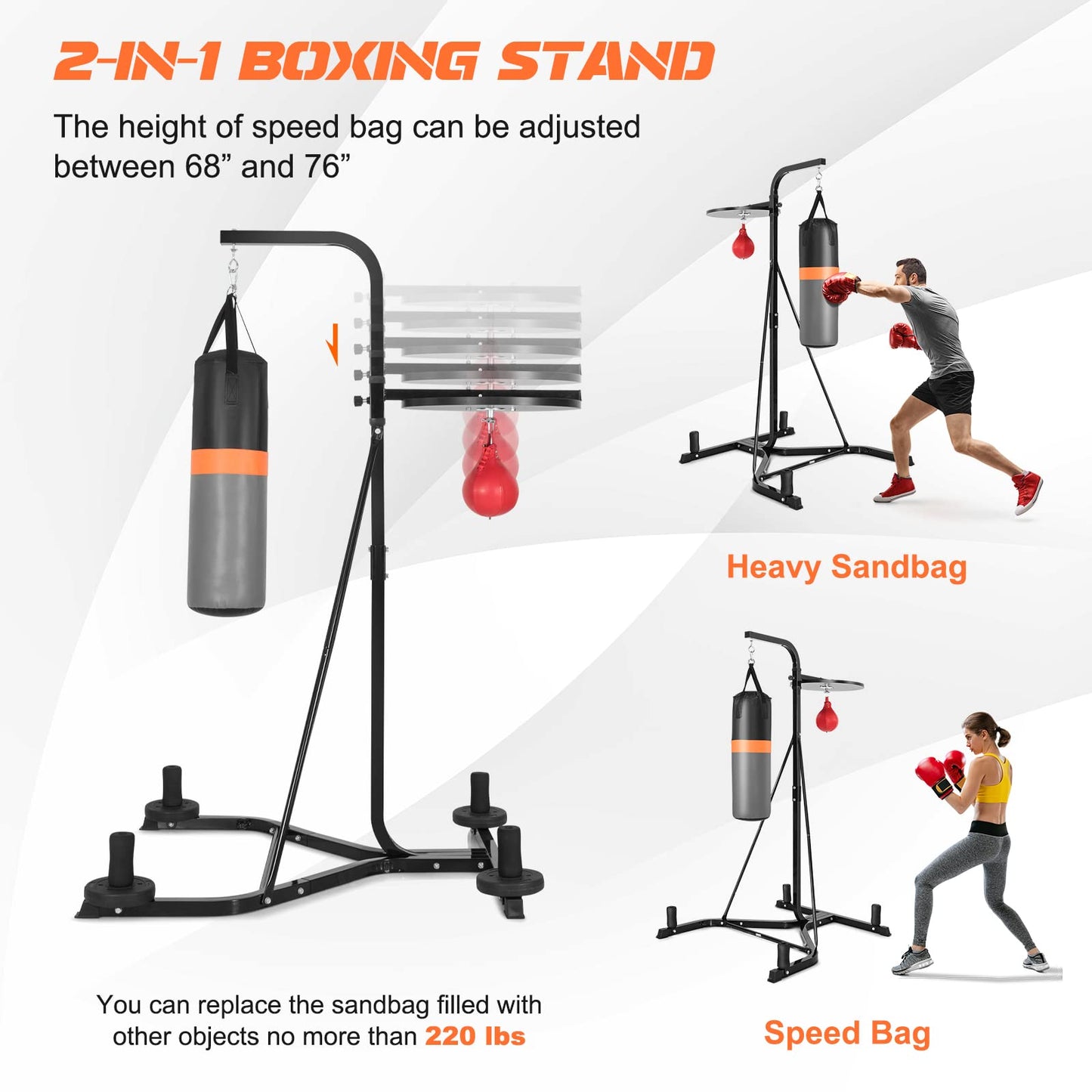 SPORFIT 2-in-1 Punching Bag Stand for Adults, Heavy Bag Stand with Height Adjustable Speed Bag, Weighted Base Hold Up to 220 LBS, Freestanding Boxing Equipment for Home Gym Fitness MMA Training