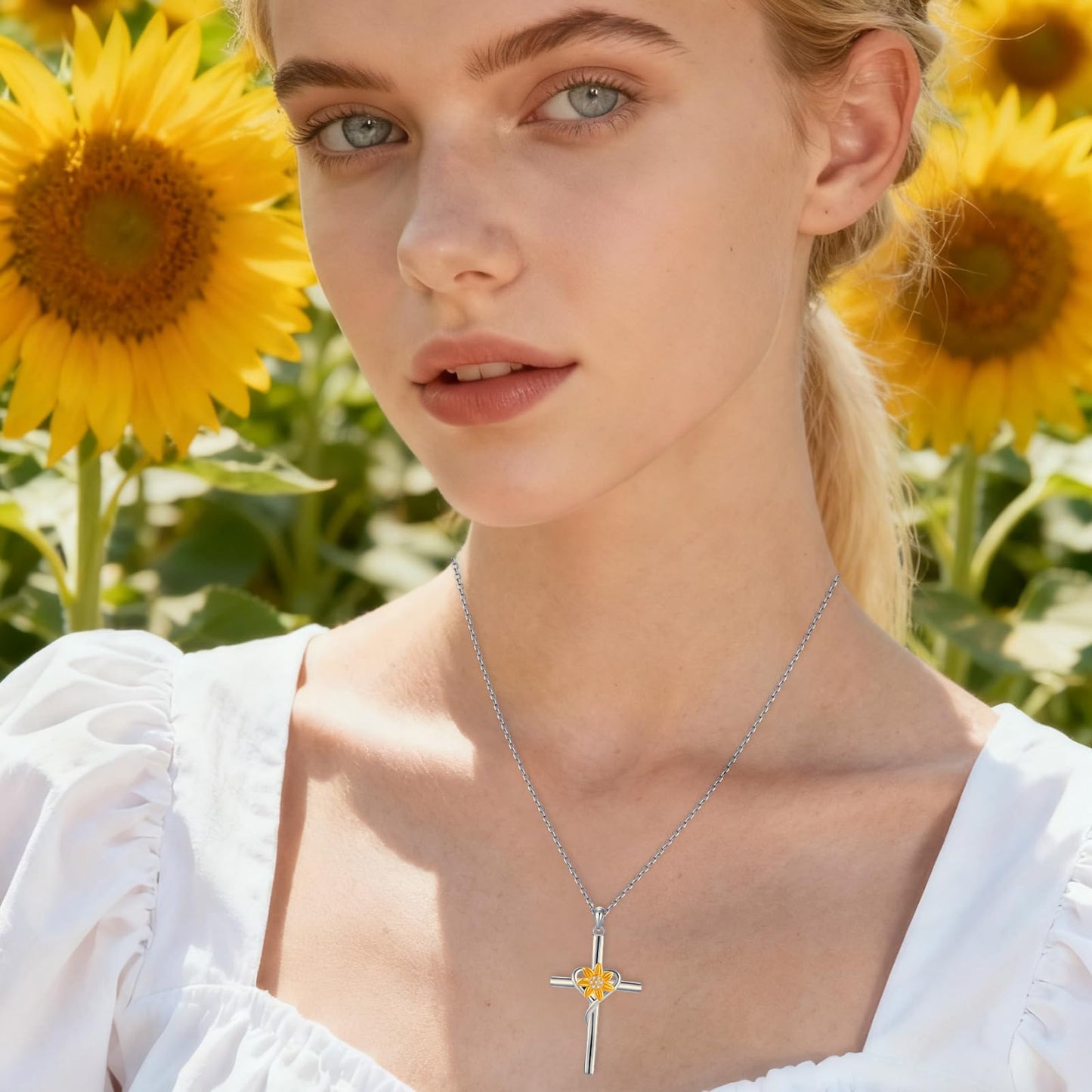 Eetaitai Sunflower Necklace for Women Sterling Silver Cross Necklace Sunflower Jewelry Religious Necklace for Women Mothers Day Gifts for Mom Wife Sister