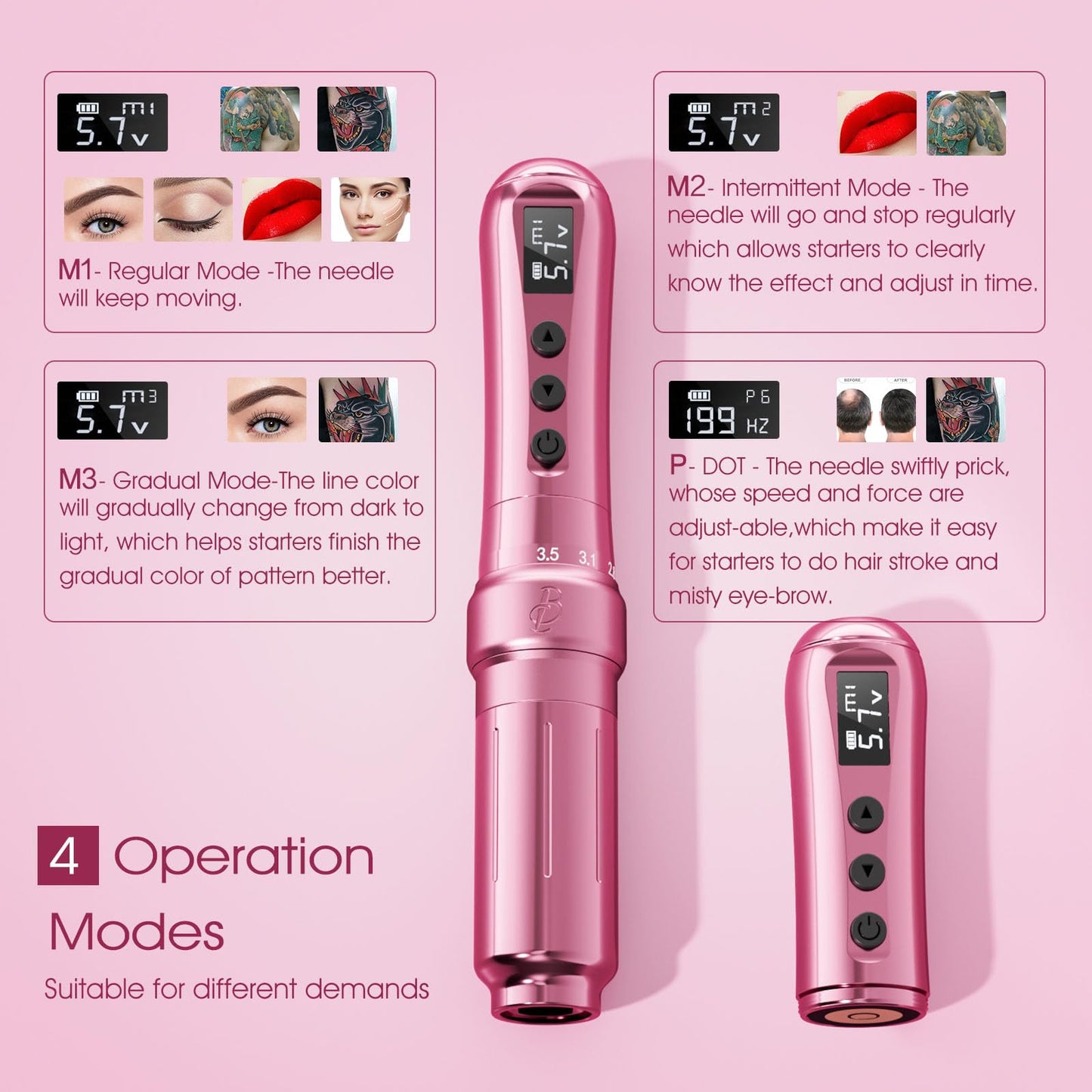 BIOMASER U1 Tattoo Gun,Wireless PMU Tattoo Machine Eyebrows & Lips, Professional Permanent Makeup Machine Rotary Tattoo Pen, Scalp Micropigmentation(Pink)