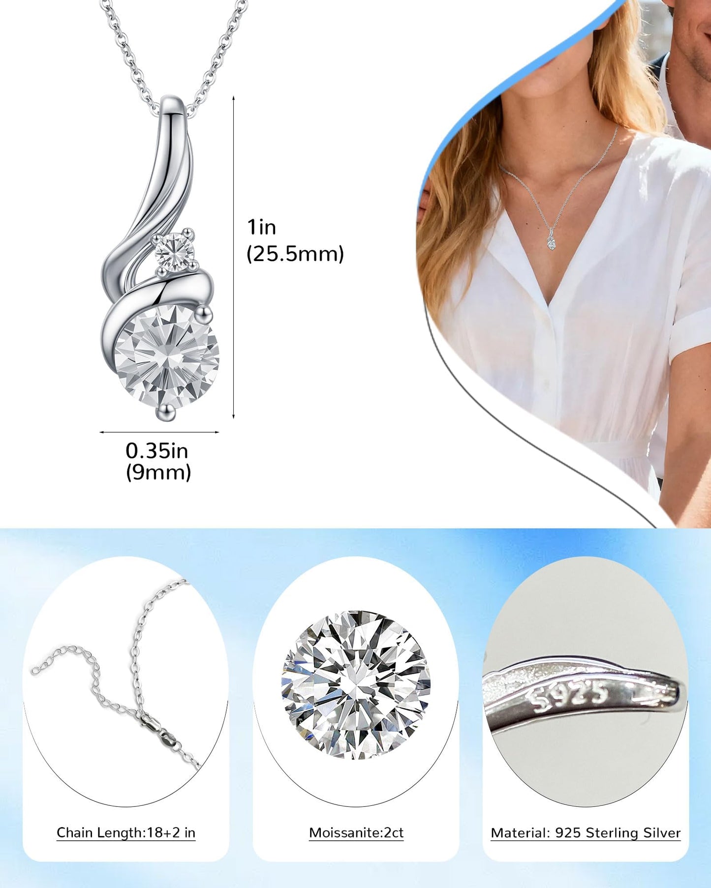 2 Carat Moissanite Necklace 925 Sterling Silver Jewelry AAAAA Cubic Zirconia Ribbon Pendant Necklace Best Gifts for Mom Women Girlfriend Grandma Friend Lover Her Wedding Birthday Anniversary Daily