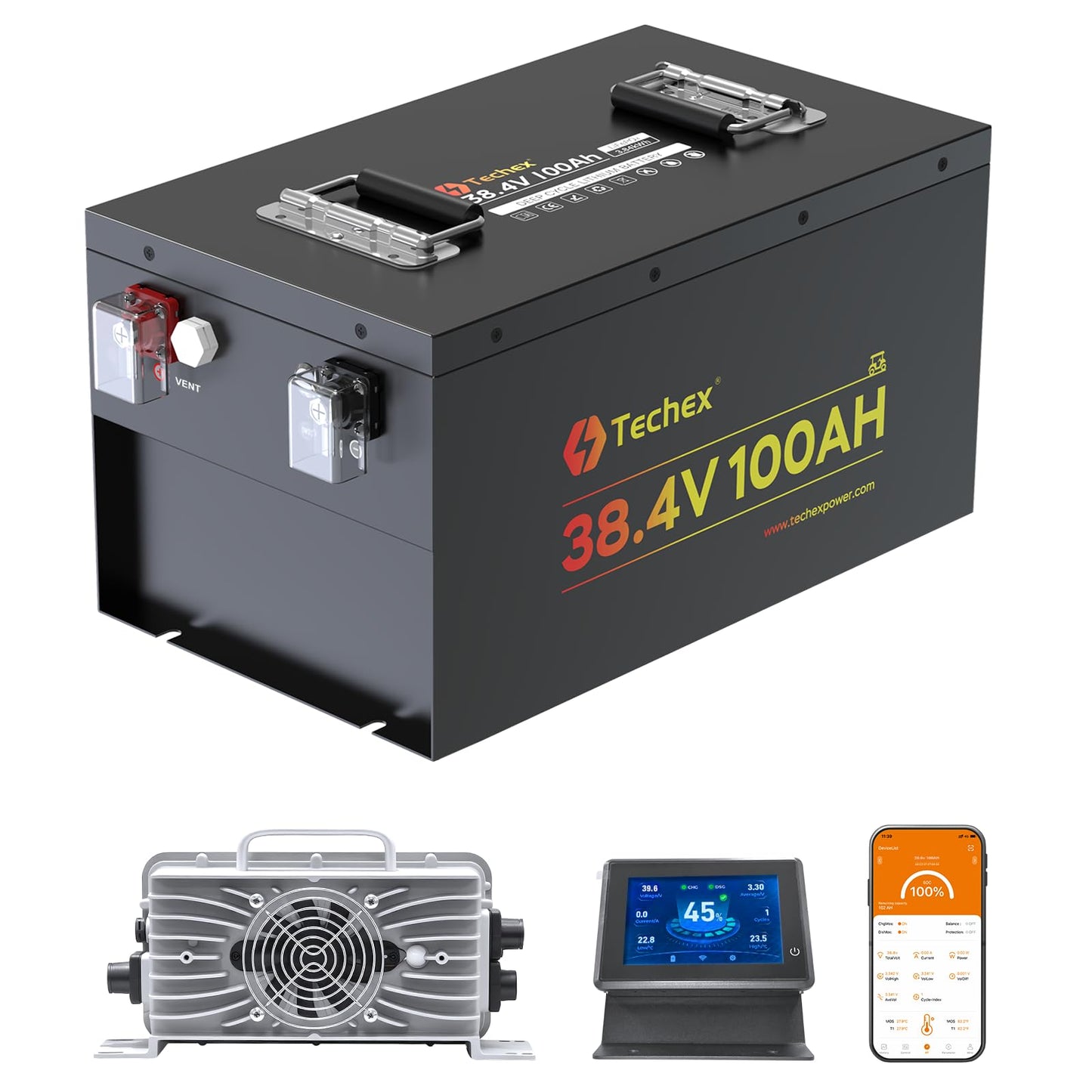 Techex 36V Lithium Golf Cart Battery, LCD Monitor/Bluetooth App, 200A BMS with 400A Peak Current, Complete kit with 43.8V 25A charger, Metal Case