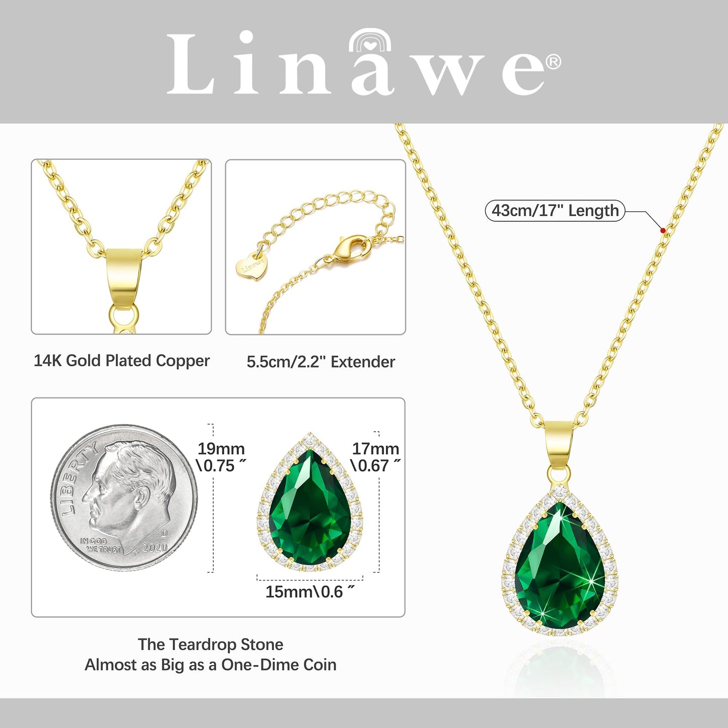 Linawe Emerald Crystal Chain Necklace for Women Trendy, Green Imitation Diamond Pendant, Cubic Zirconia Birthstone Rhinestone Teardrop, Preppy Dainty Boho Jewelry