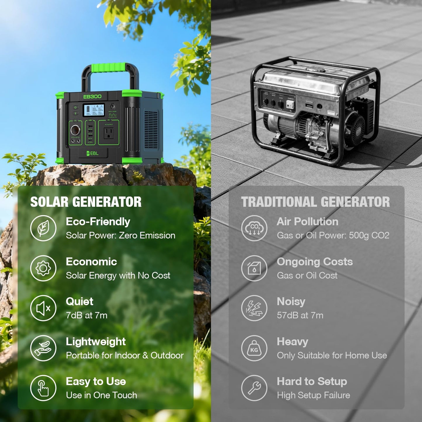 EBL Portable Power Station 300W 288.6Wh Solar Generator with 330W AC Outlet, SOS LED Light, Wireless/DC/USB-C Charging Backup Battery for Camping, Outdoor, Home Blackout, RV Travel