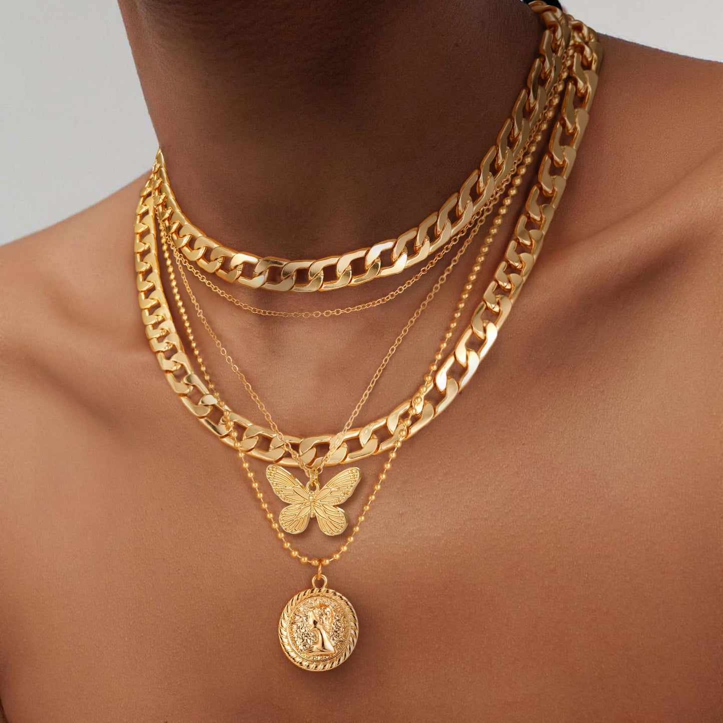 MJartoria Gold Layered Necklaces for Women Trendy Retro Coin Pendant Necklace Dainty Chunky Chain Choker Necklaces for Jewelry Birthday Gifts (Gold, A-X-Butterfly-5 in 1 Layered)