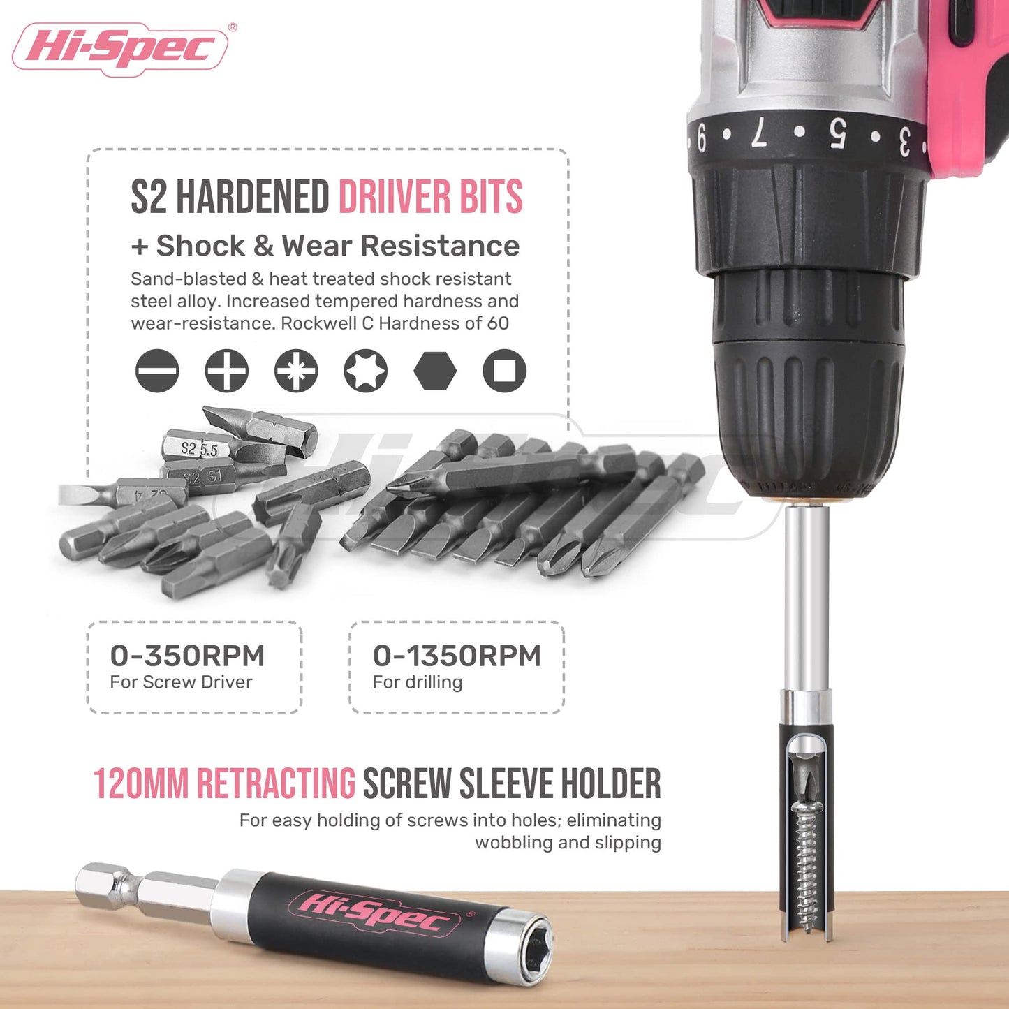 Hi-Spec Pink Cordless Drill Set, 18V Electric Drill with Battery And Charger,Includes Driver/Drill Bit Set for Wood, Steel and Concrete.In a Carrying Case for Home Repair, 58-Piece