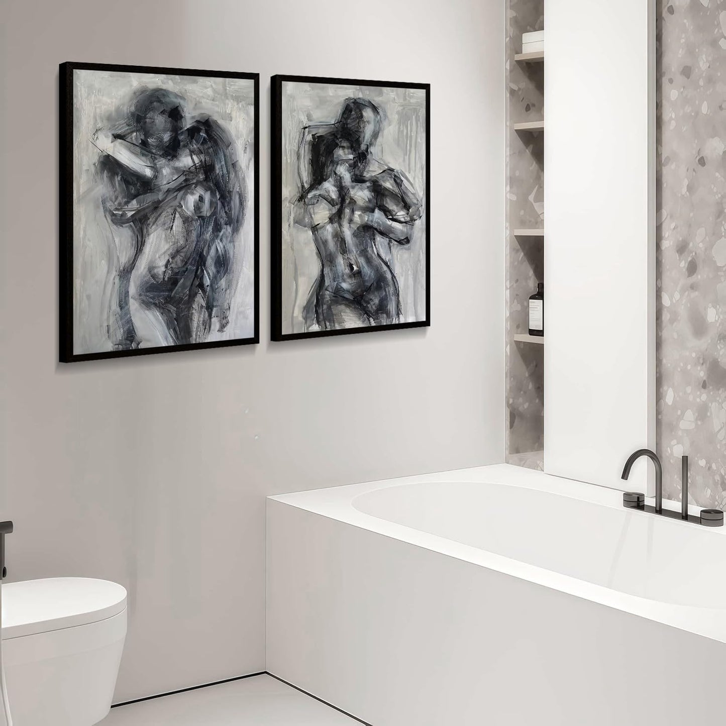 2Pcs Framed Black and White Bathroom Canvas Wall Art Abstract Nude Prints Couple Modern Gallery Style Painting Pen sketch Posters Decorations Bedroom Living Room Bathroom 12x16 Inch Ready to Hang