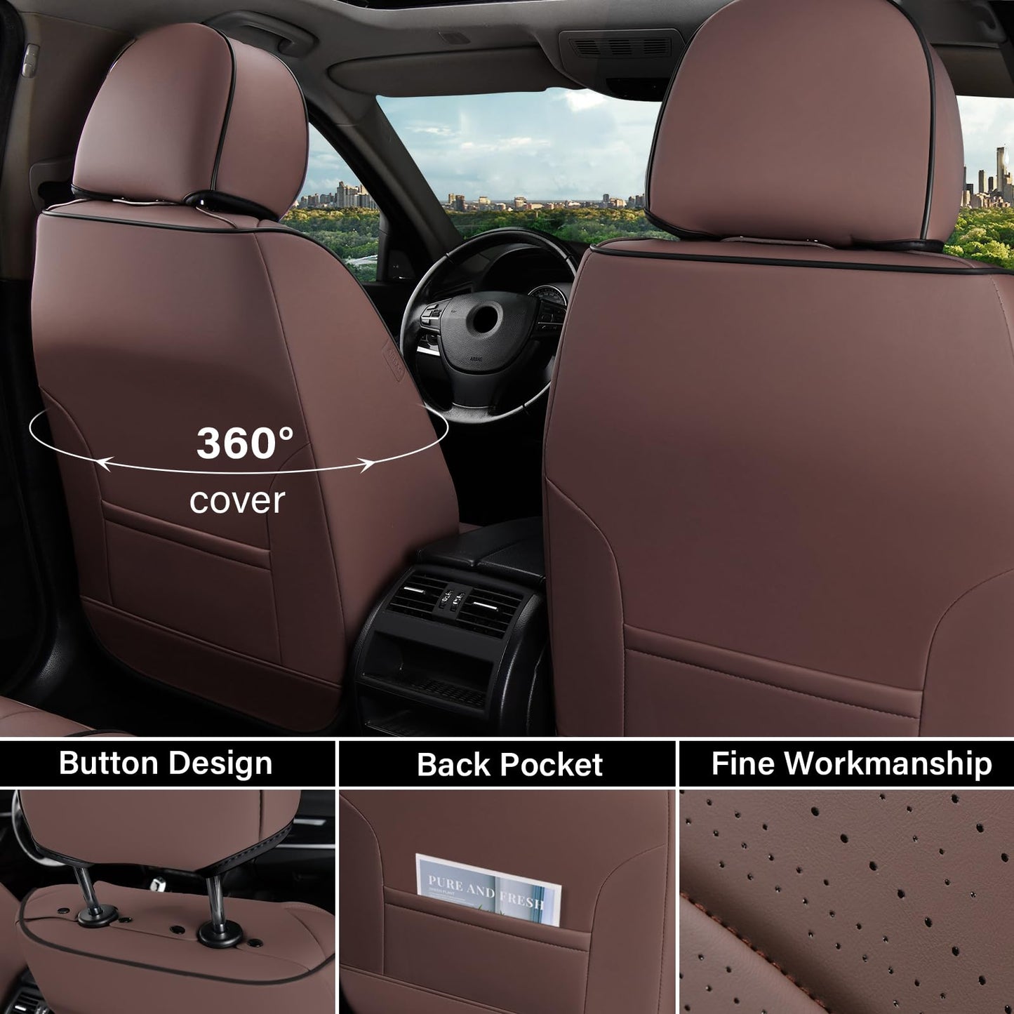 Coverado Front and Back Car Seat Covers, Leather Seat Cover for Cars, Automotive Seat Cover Full Set, Waterproof Universal Seat Cover, Luxury Car Seat Protector Seat Cushion Fit Most Cars, Coffee