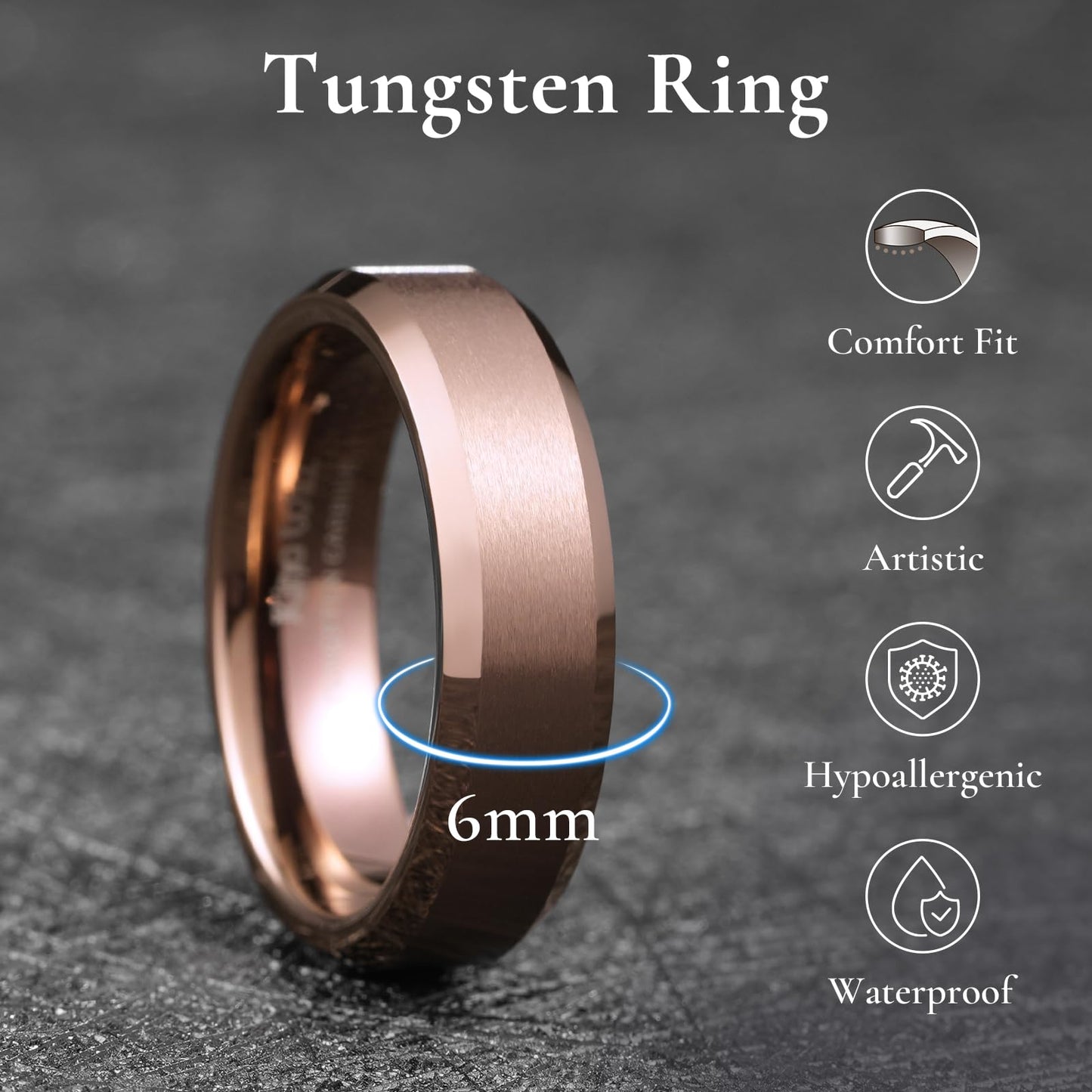 King Will Brown Basic Tungsten Rings For Men 6mm Wedding Band Polished Edge Brushed Matte Promise Ring Comfort Fit, Size 14