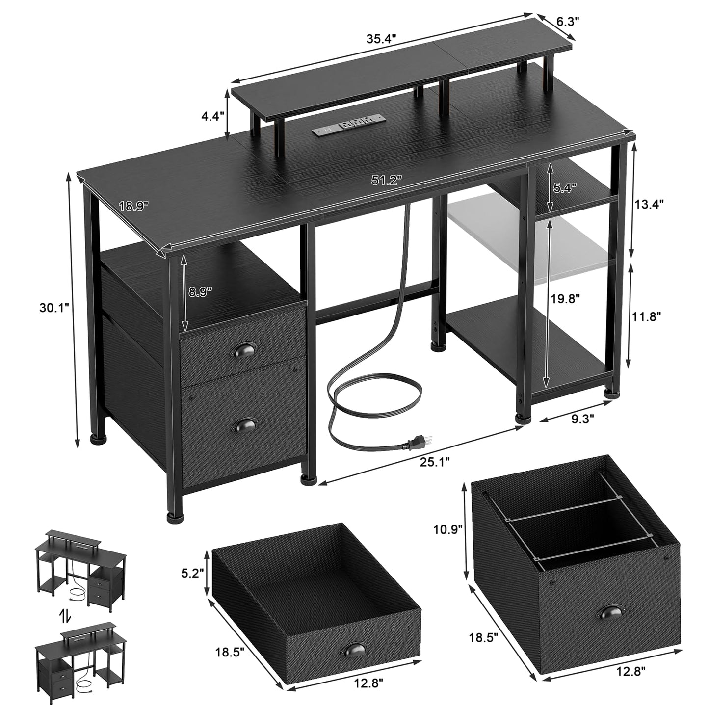 Furologee 51" Computer Desk with Outlet and LED Lights, Gaming Desk with Fabric Drawer, Home Office Table with Adjustable Shelves and Monitor Stand, Writing Study Table for Bedroom, Black