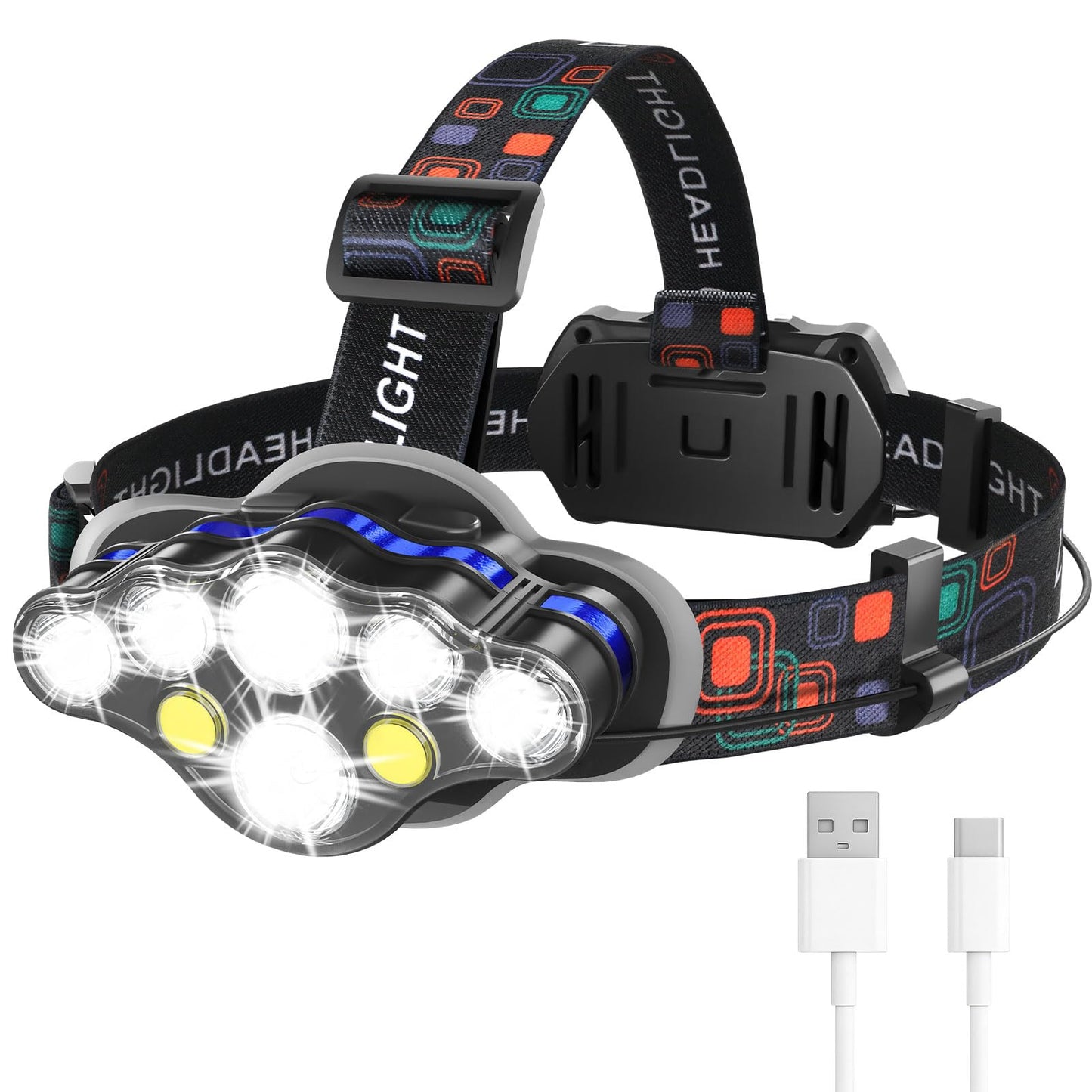 MIOISY Headlamp Rechargeable, 8 LED Super Bright Head Lamp with White Red Light, IPX4 Waterproof Head Lights for Forehead, 8 Modes Headlight Flashlight for Outdoor Hiking Running Camping
