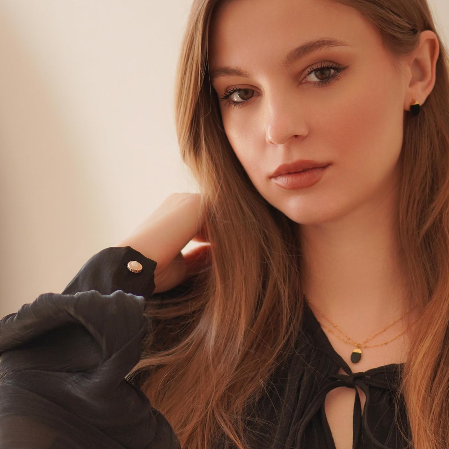 Milan Chiva 14K Gold Plated Black Agate Layered Stacked Necklace for Women, Dainty Trendy Non Tarnish Oval Pendant Charm Necklaces Fashion Jewelry for Women Waterproof MNS-1009BK