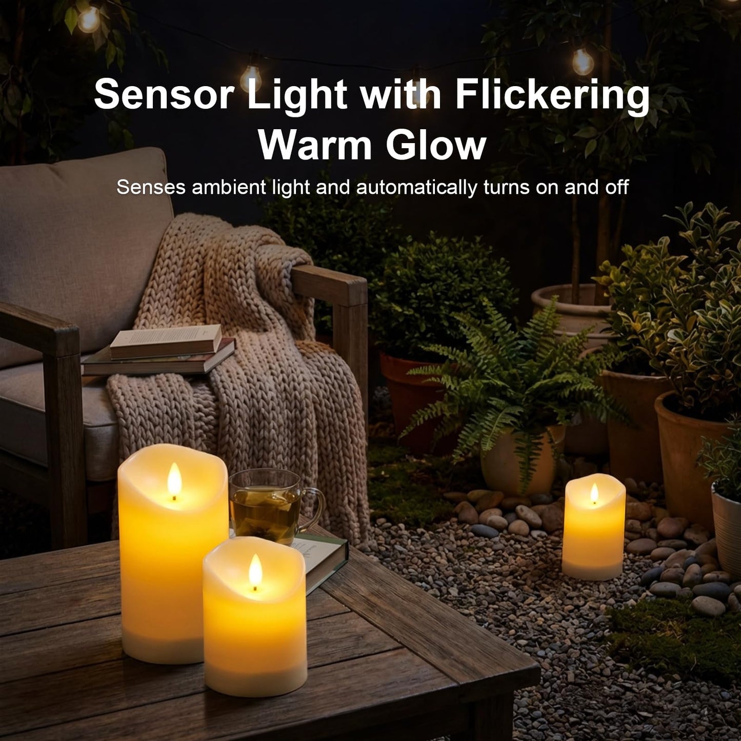 ARIKJ Solar Candles Outdoor Waterproof, Flameless LED Candles Rechargeable, Solar Powered Pillar Candles Dusk to Dawn for Patio Lantern Garden Table Decorations, Set of 3, 3.25" X 4"5" 6"