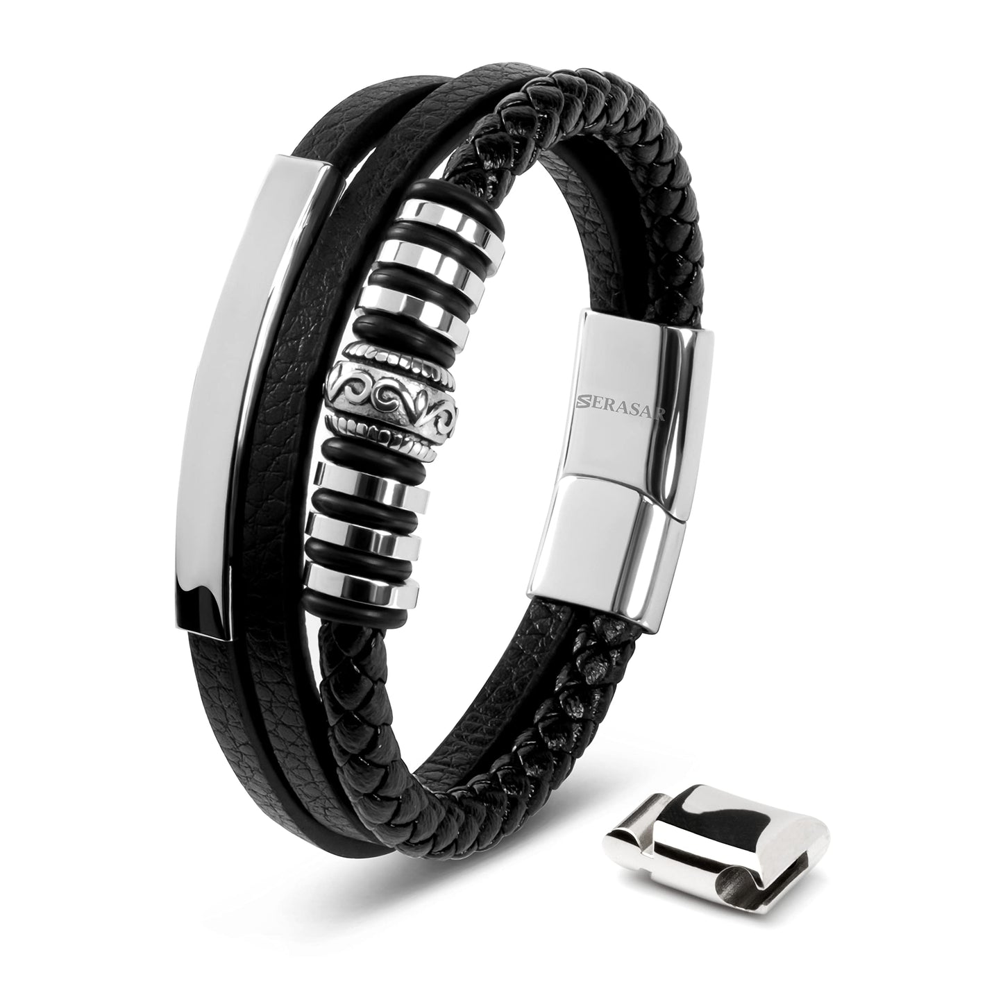 SERASAR 9″ Silver Leather Bracelets for Men Mens Cowhide Gift Box Braided Bracelet Stainless Steel Jewelry Wrist Band Cuff Wrap Rope Bangle Dad Pulseras para Hombres Cuero Regalo