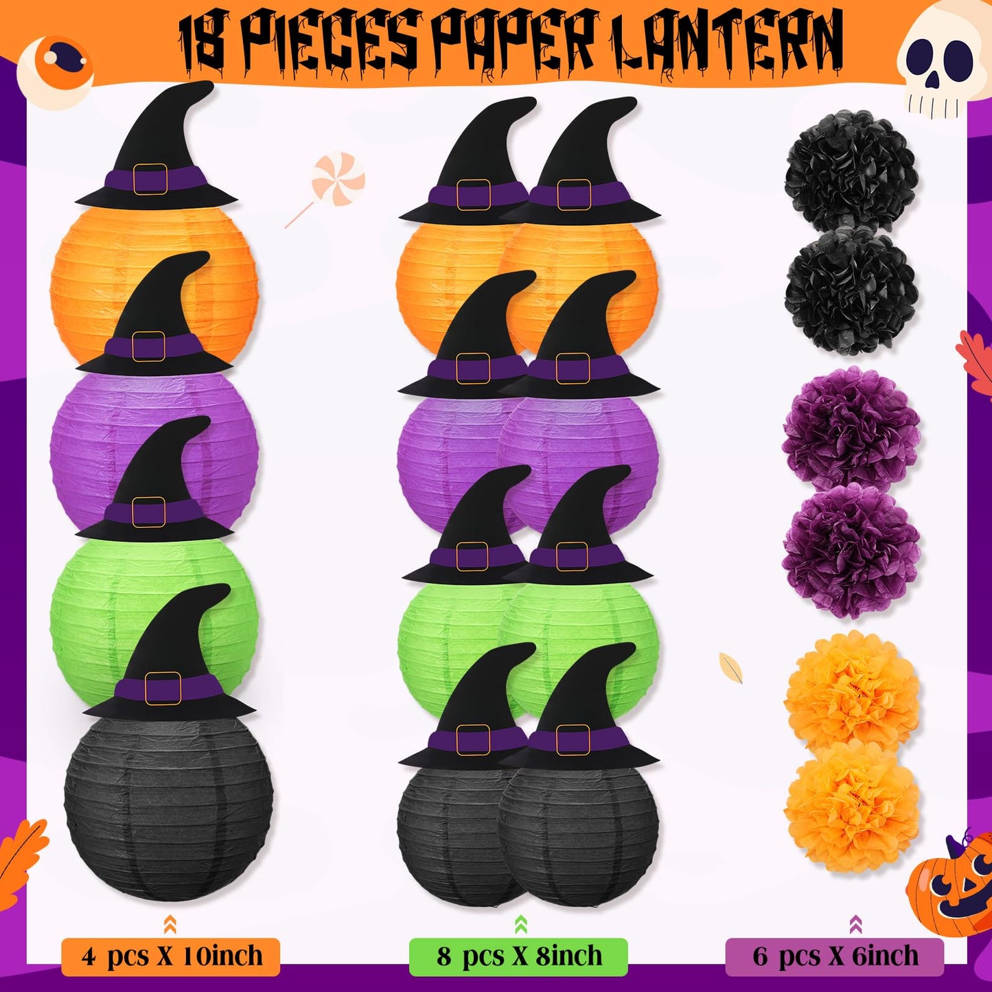 Retisee 18 Pcs Halloween Paper Lanterns Halloween Hanging Decorations Hanging Paper Lanterns with Witch Hat for Festival Indoor Outdoor Spooky Home Decor Party Supplies Props