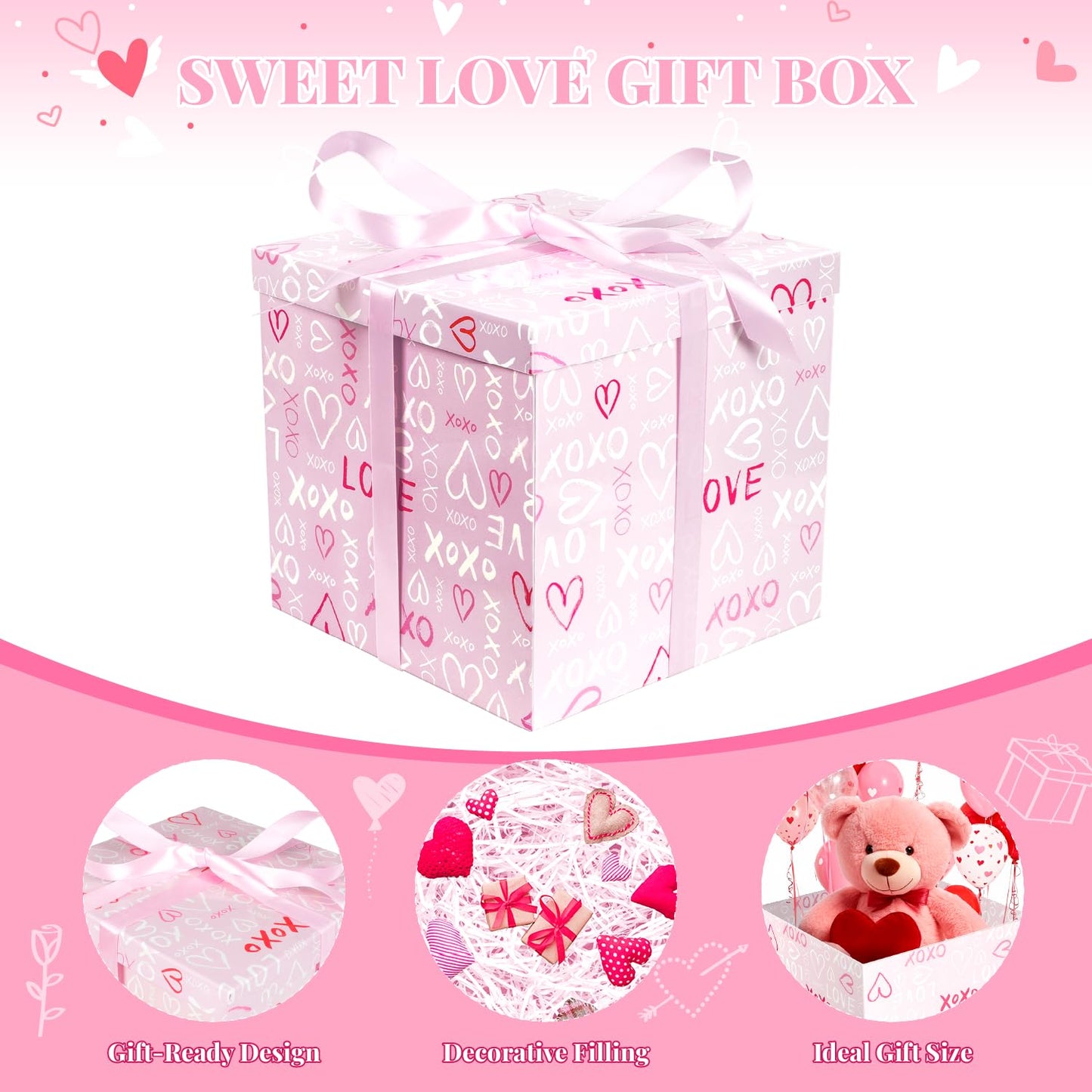 Lyforpyton Large Pink Valentine's Day Gift Box with Lids, Ribbons and Shredded Paper Fill，Suitable for Anniversaries and Valentine's Day, Wedding, Birthday, Party ，11.8" x11.8"x10.6"