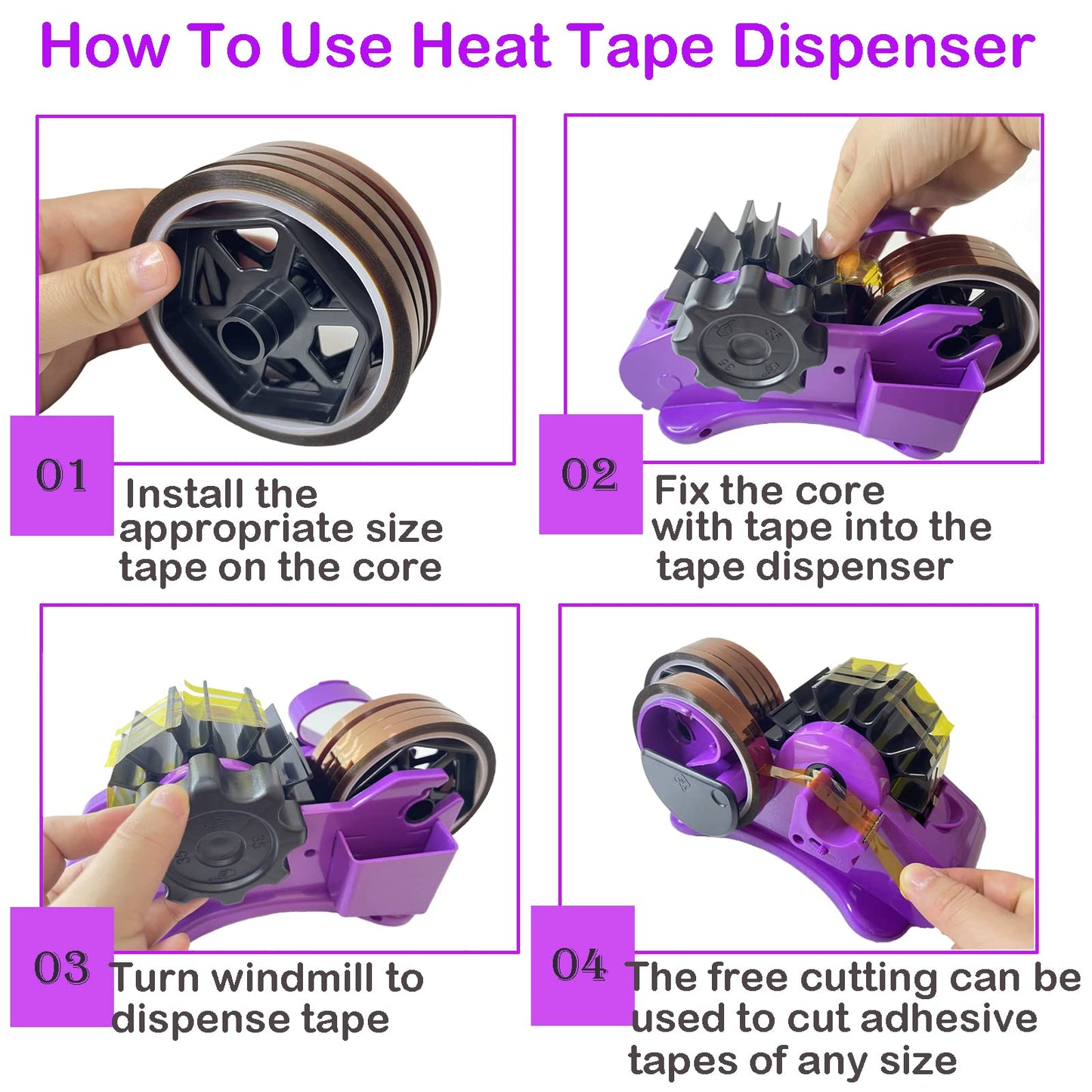 Heat Tape Dispenser Sublimation for Heat Transfer Tape, TL-JIYPU Multi-Roll Cut Heat Tape Dispenser, Heat Press Thermal Tape Holder Dispenser for Desk with 1 inch, 3 inch Core, Semi-Automatic, Purple