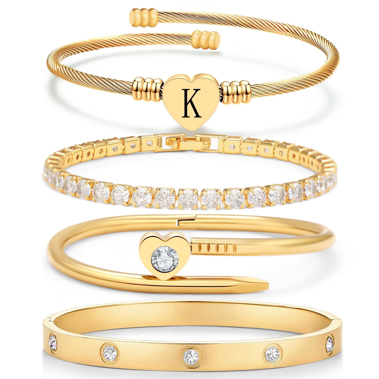 MEIERYA18K Gold Plated Nail love Bangle Bracelet Set for Women,Cubic Zirconia,Adjustable tennis bracelet Trendy Gift Jewelry for Mother's Day Anniversary (09-Style-K)