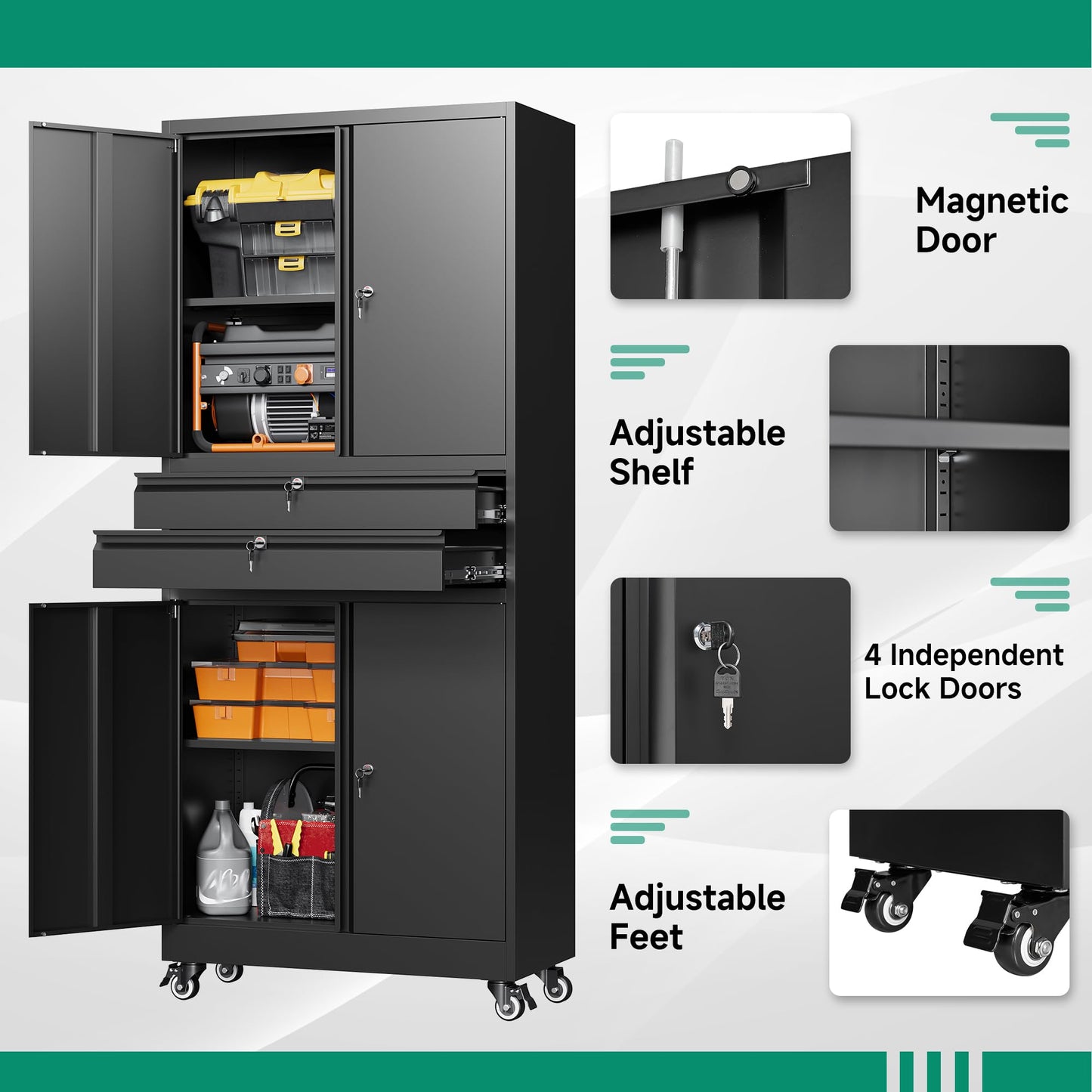 Letaya Metal Garage Storage Cabinet with Wheels,Rolling Tool Cabinet with 4 Door Lock-Adjustable Shelves and 2 Drawer for Garage Home Office Utility Room (Black with Wheels)