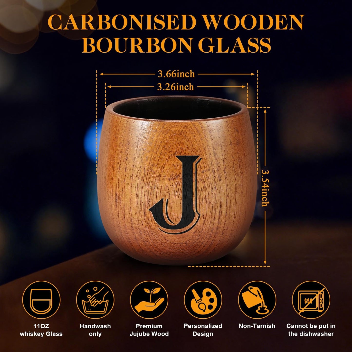 Astonlink Personalized Gifts for Men Husband Dad Boyfriend, Initial Charred Wooden Bourbon Drinking Glass & Whiskey Glasses Gift, Fathers Day Birthday Gifts for Men Dad Husband Brother Him (J)