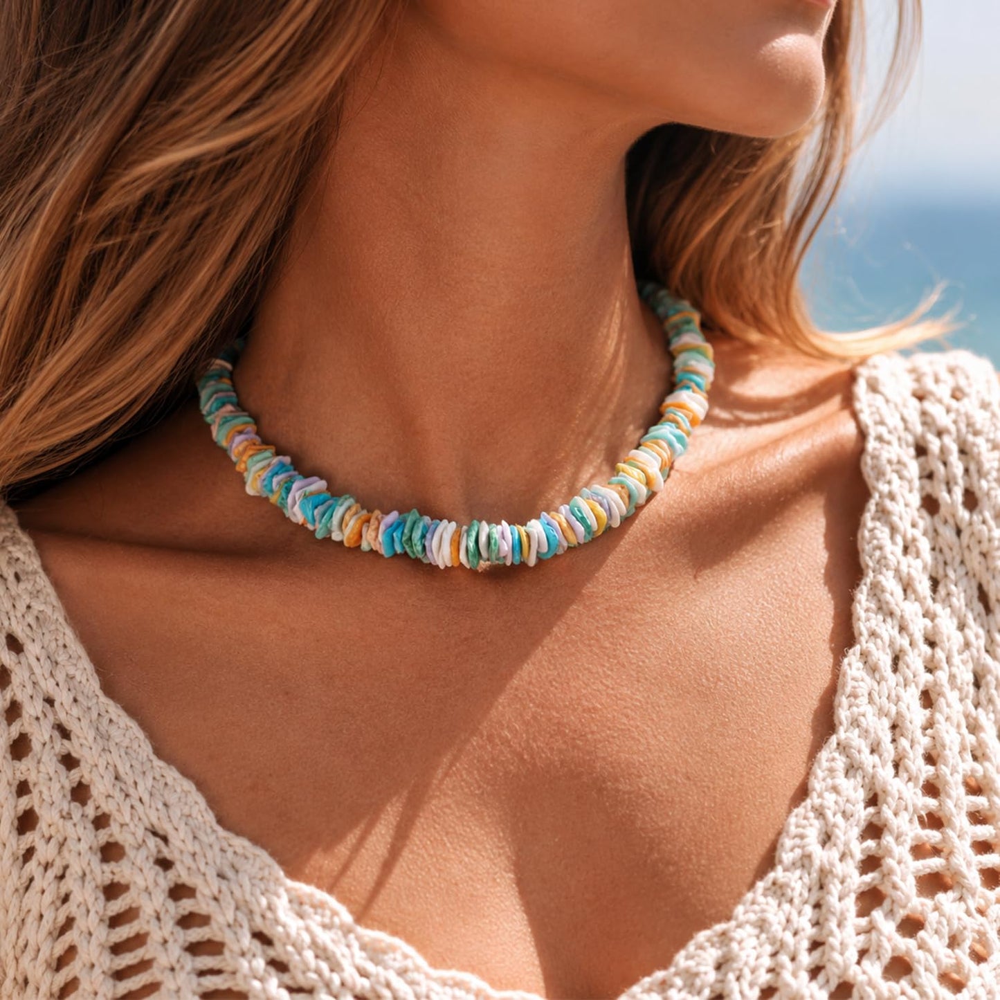 Lameybrt Cowrie Shell Surfer Necklaces, Hawaiian Beach Handmade Choker Set for Women, White Rice Bead with Black Accents, Bohemian Summer Seashell Choker 2 Piece Set, Perfect for Summer Beach Vacation, Birthday, Mother’s Day & Holiday Gifts (Puka 03 Rianb