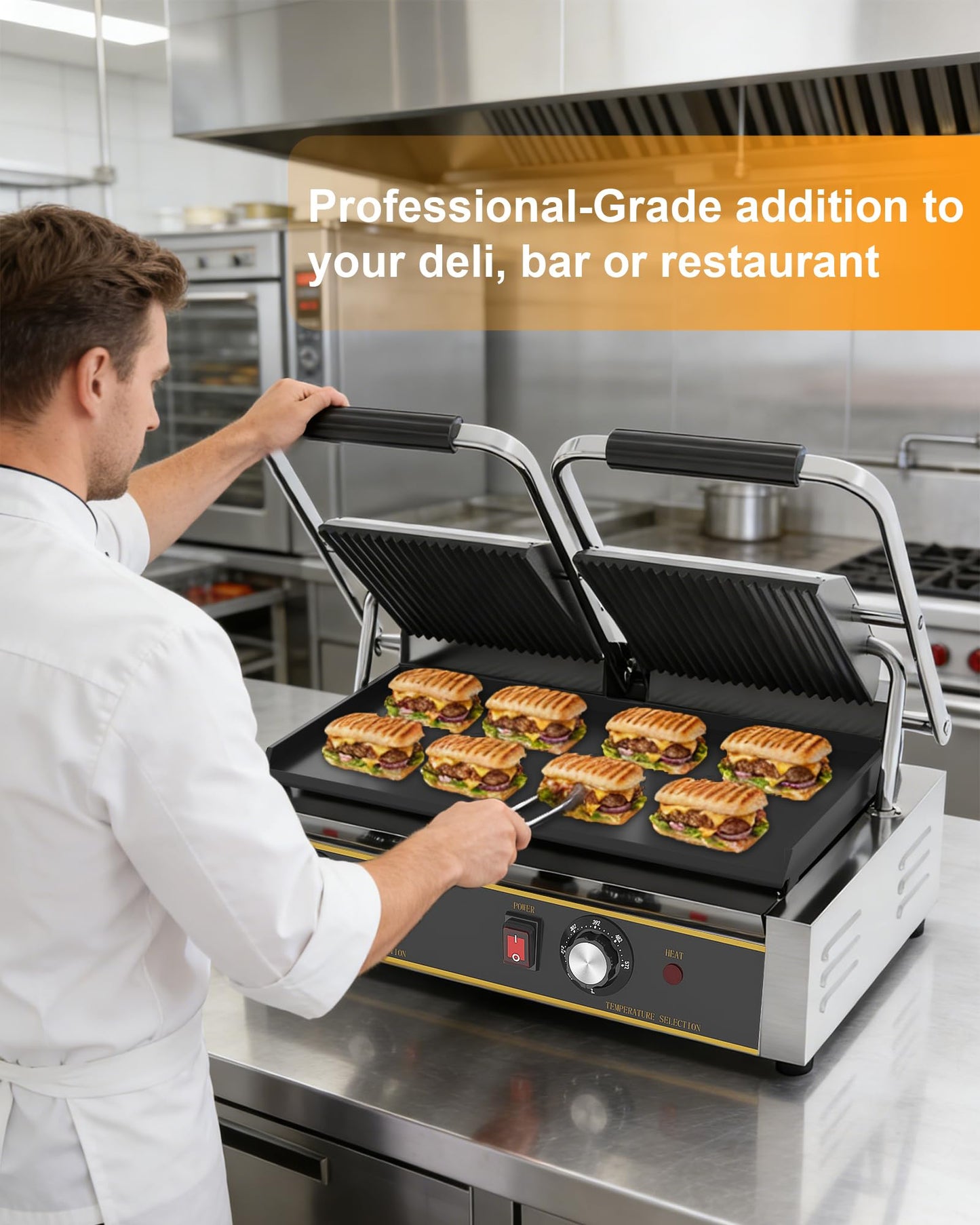 HTTSICHI Commercial Panini Press - 3600W Electric Sandwich Panini Maker, Stainless Steel Double Sandwich Grill w/Nonstick Coating & Temp Control, 19x9 in Plate for Hamburger Steak Bacon