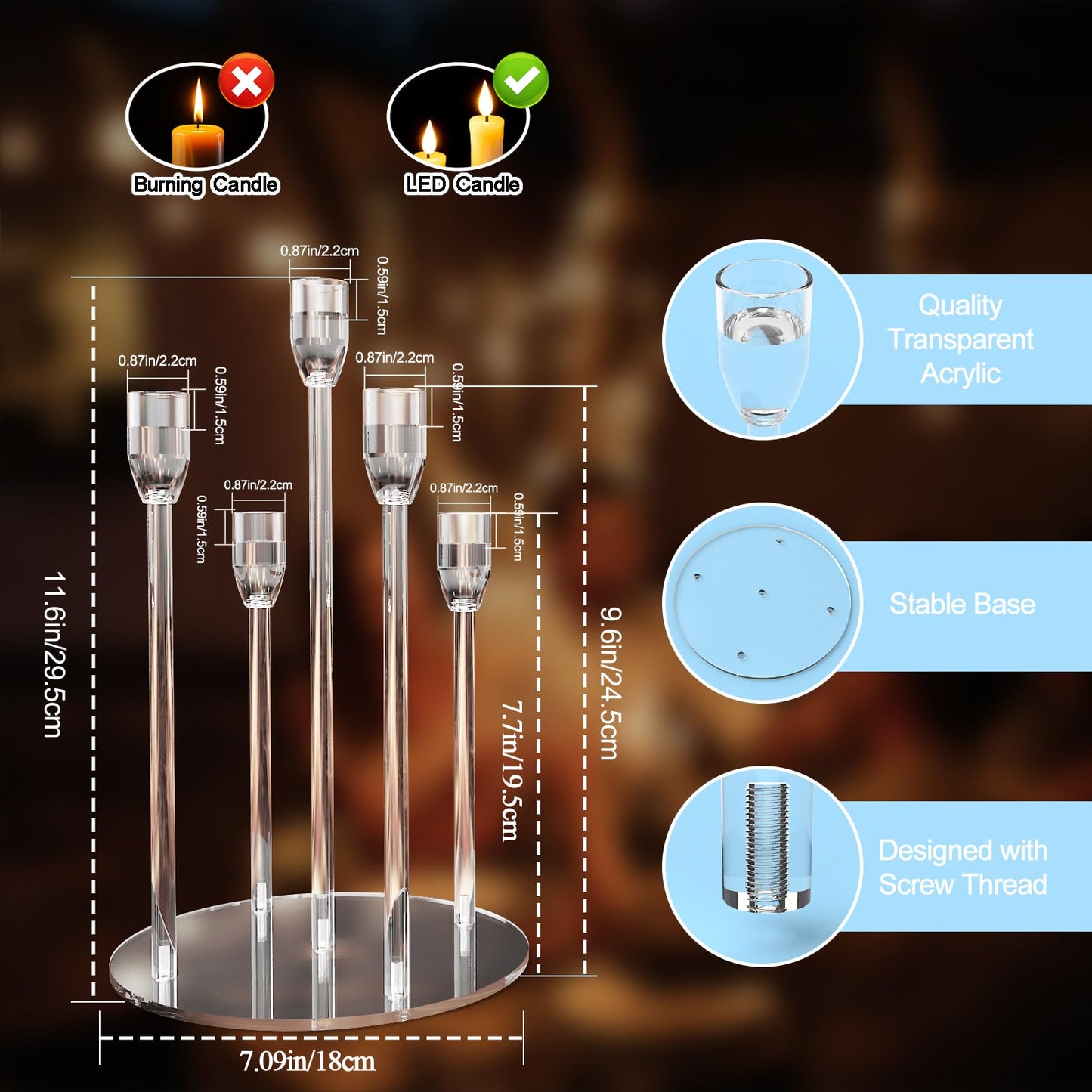 Candelabra Centerpieces for Tables 5 Arm Clear Candle Holder Fit 0.87" LED Pillar Taper Candlestick with Round Base for Christmas New Year Decoration (5 Arm Candelabra)"