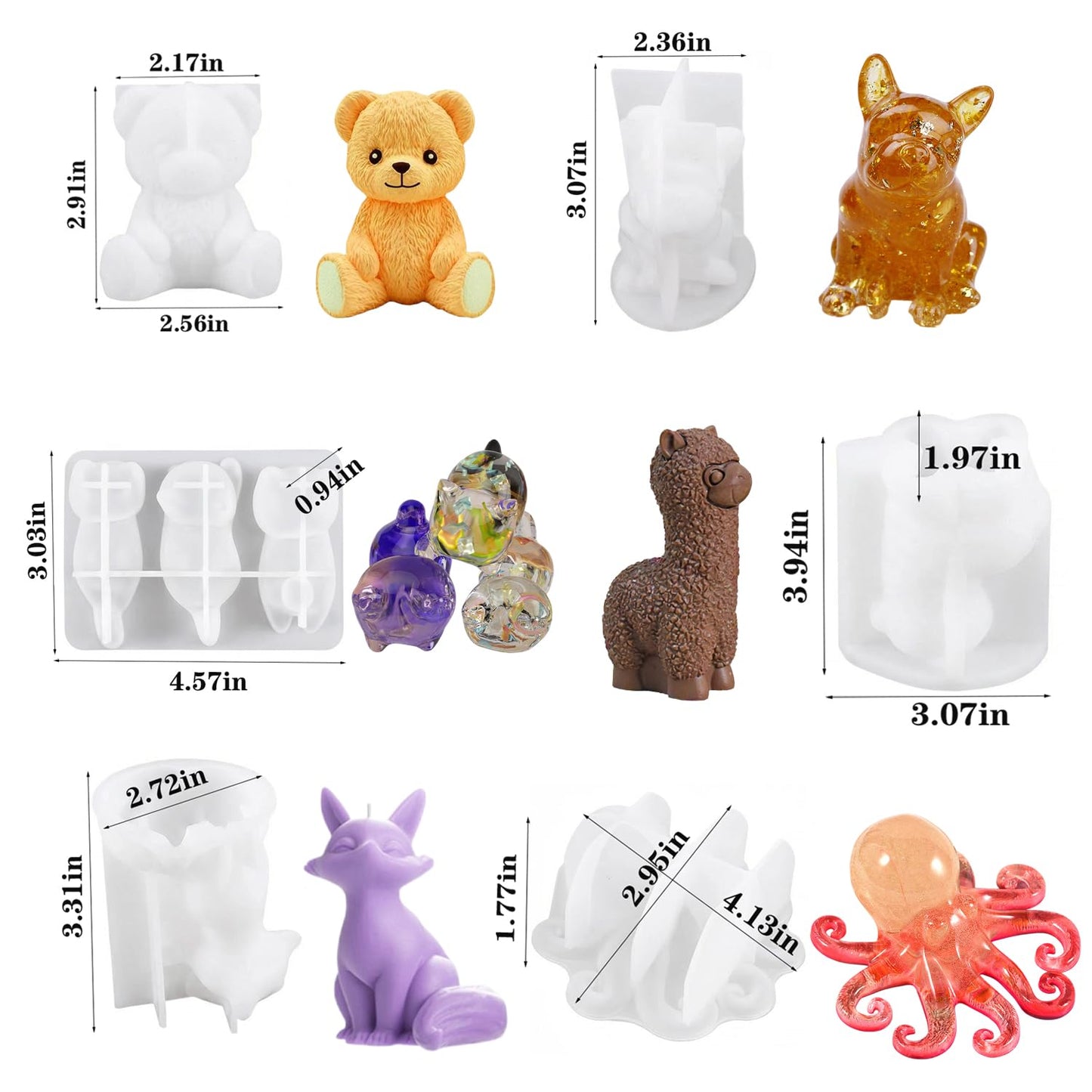 6PCS Animal Resin Mold, Alpaca, Bulldog, Fox, Cat,Bear and Octopus 3D Lifelike Silicone Molds for Epoxy Resin, Unique Display Mould for DIY Crafts Wall Desktop Home Decoration Candle Making (Model B)