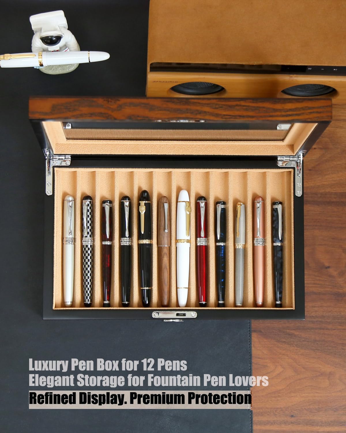 Besforu Wooden Pen Display Case – 12 Slot Lockable Fountain Pen Storage Box, Brown Collectors Display with Glass Top, Gift for Men