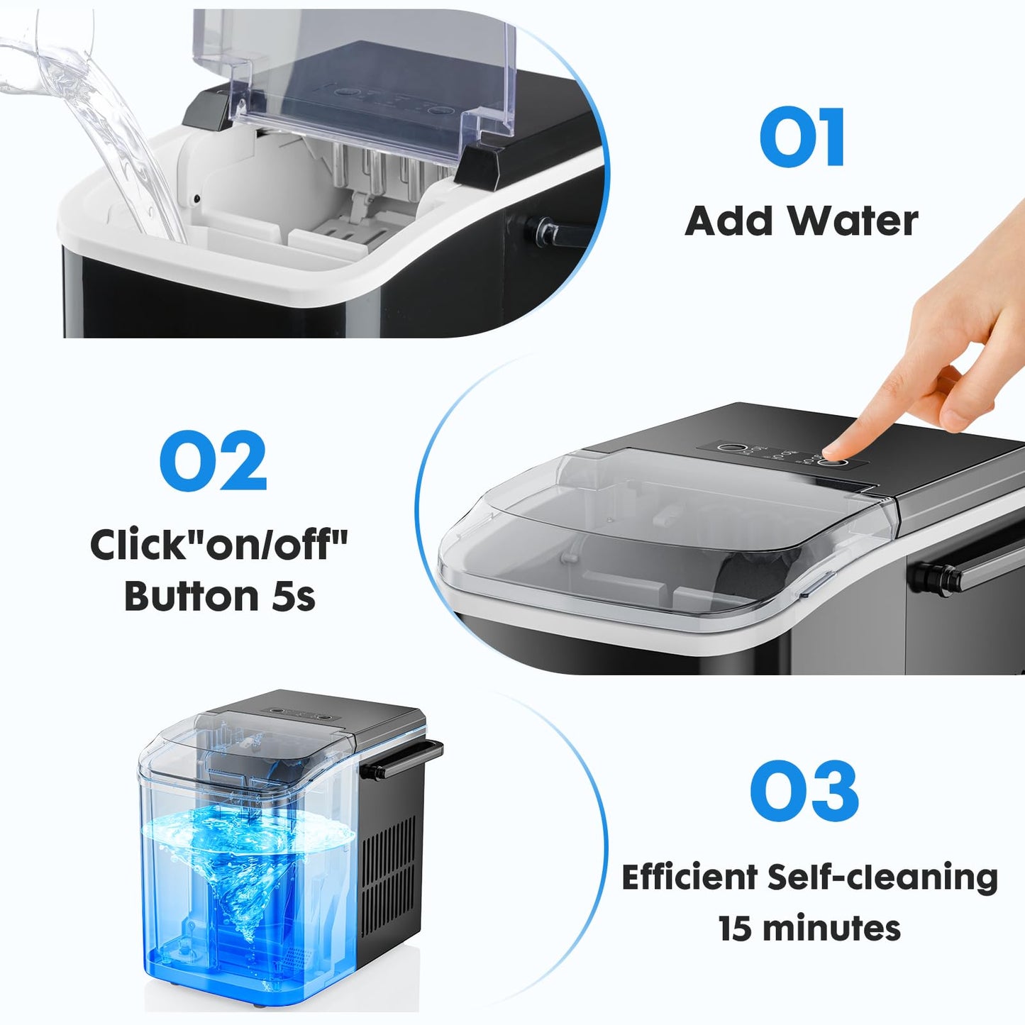 OLIXIS Portable Countertop Ice Machine Maker with Handle, Bullet Ice, 9 Cubes in 6 Mins, 26.5lbs/24Hrs, Self-Cleaning, Black