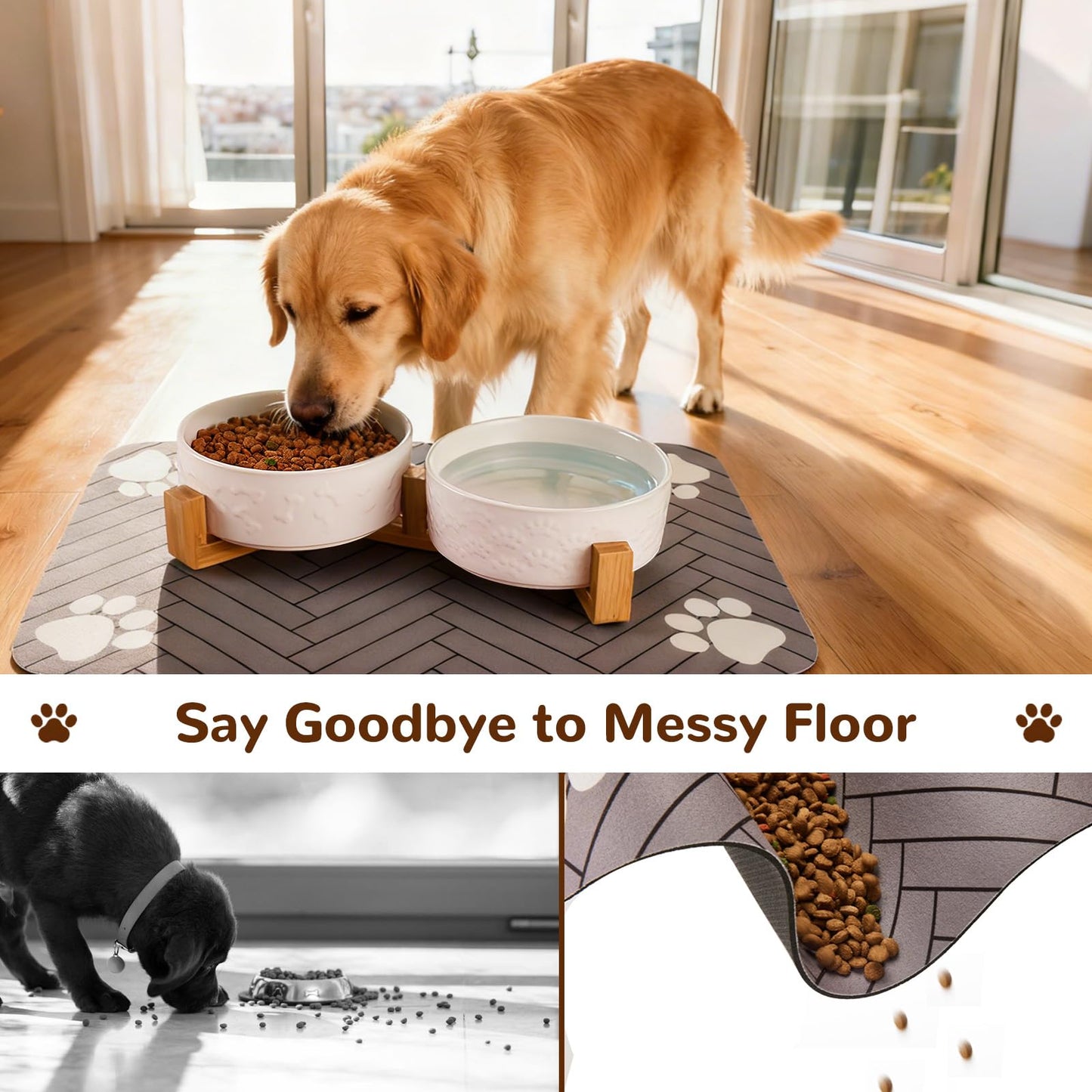 XIHAN Dog Bowls Set with Wood Stand & Mat Waterproof, 3.5 Cups Ceramic Dog Bowls Elevated for Medium Dogs, Dual Food and Water Bowls with Weighted Non-Slip Base 28.7 OZ