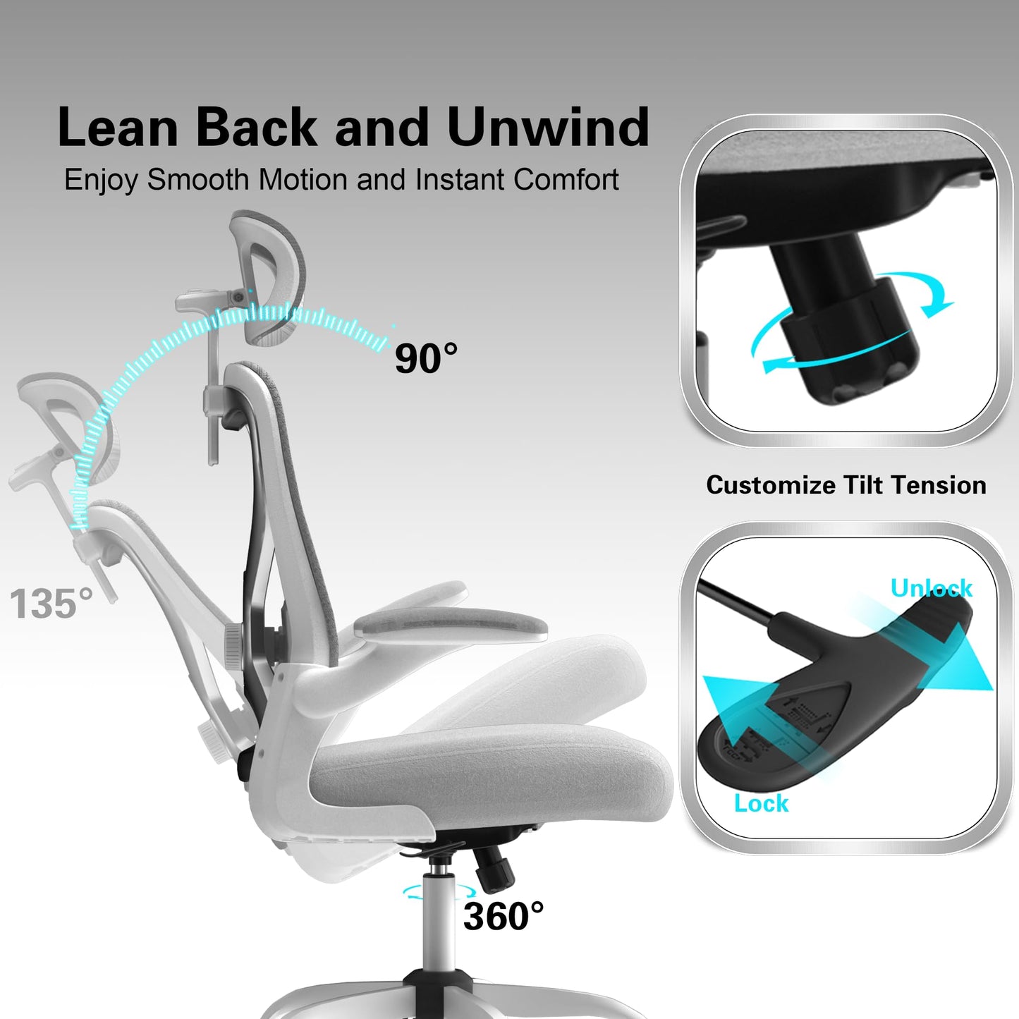 Ergonomic Office Chair for Back & Neck Pain Relief, Virgin Foam Seat, 2D Adjustable Lumbar & 3D Headrest, Tilt & Rock for Relaxation, Ideal for Long Sitting Comfort, Gray/Silver