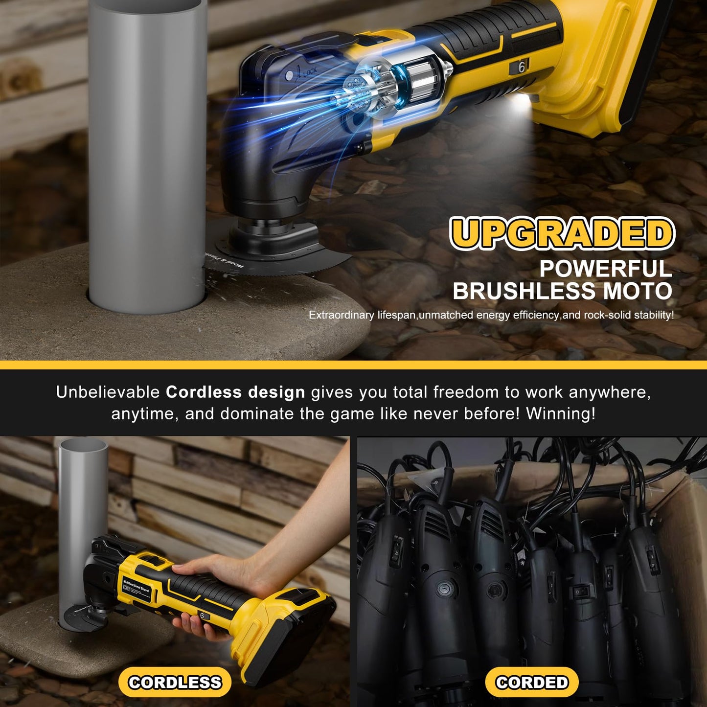 Cordless Oscillating Tool for Dewalt 20V Battery,6 Variable Speed Brushless-Motor Tool,22Pcs Oscillating Multi Tool Kit for Cutting Wood Drywall Nails Remove Grout & Sanding(Tools Only)