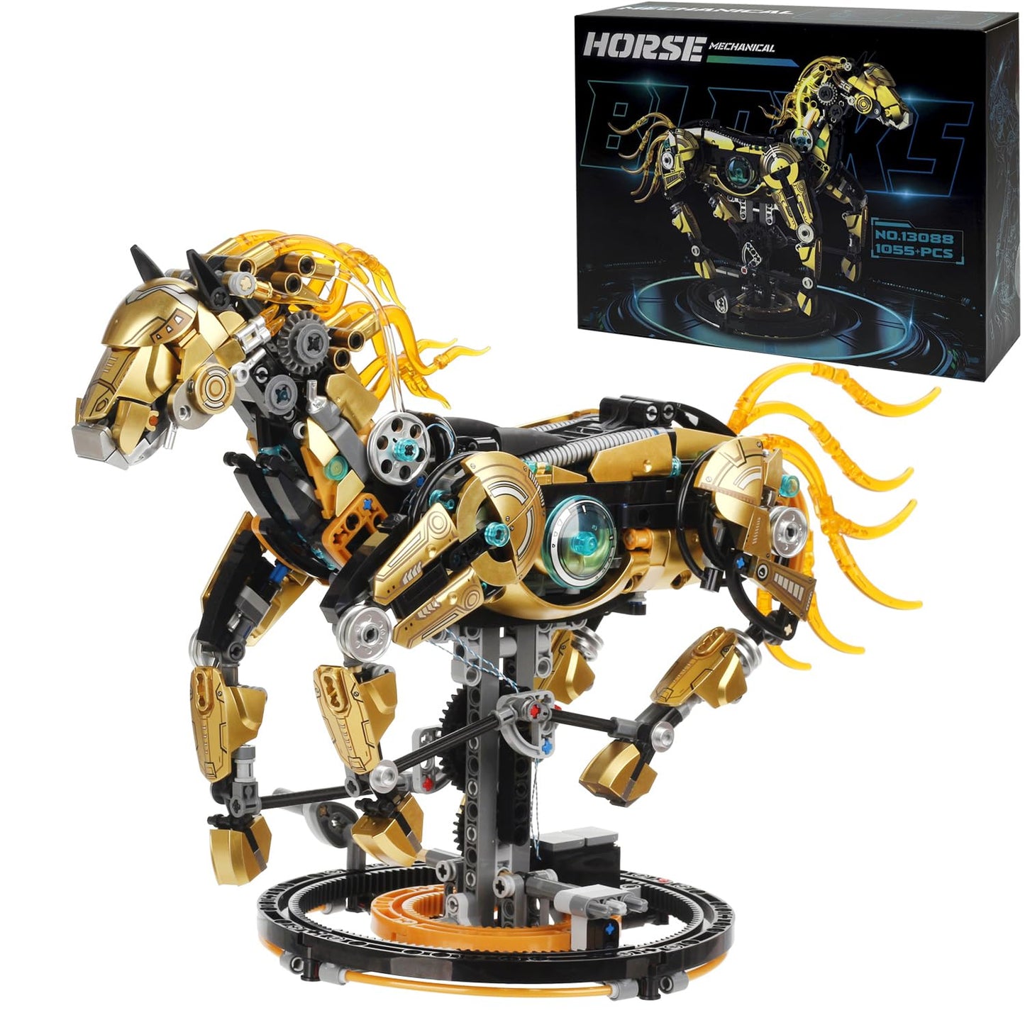 funxinee Mechanical Horse Building Blocks Linkage Kit, Animal World Model with Lighting & Display Stand, STEM Toy DIY Desktop Ornament for Boys Ages 12+, Adult Collectors, Unique Birthday Gift Idea