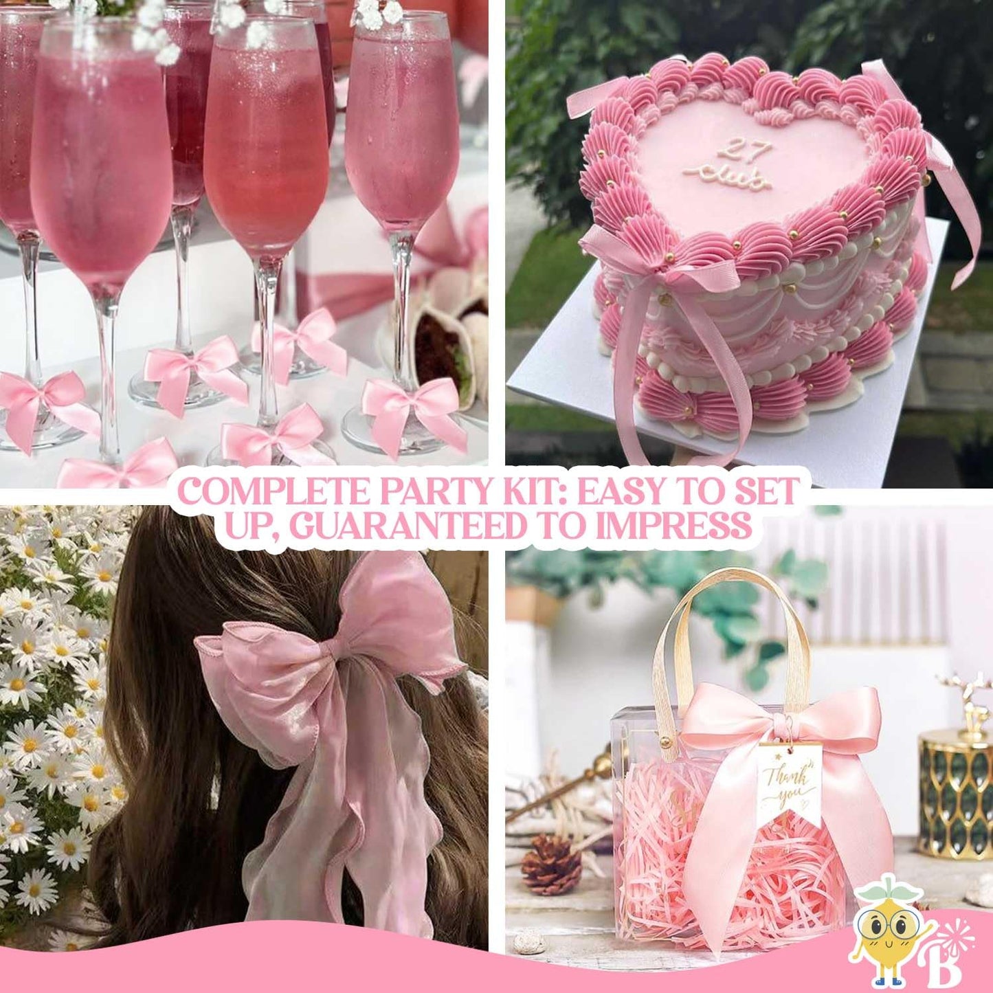 Pink Bow Decor Coquette Party Decorations, Pink Bow Cake Topper, Champagne Glasses, Candles, Balloons, Bow Birthday Party Decorations, Decoracion Moños Cumpleaños Happy Birthday Bow Themed Banner
