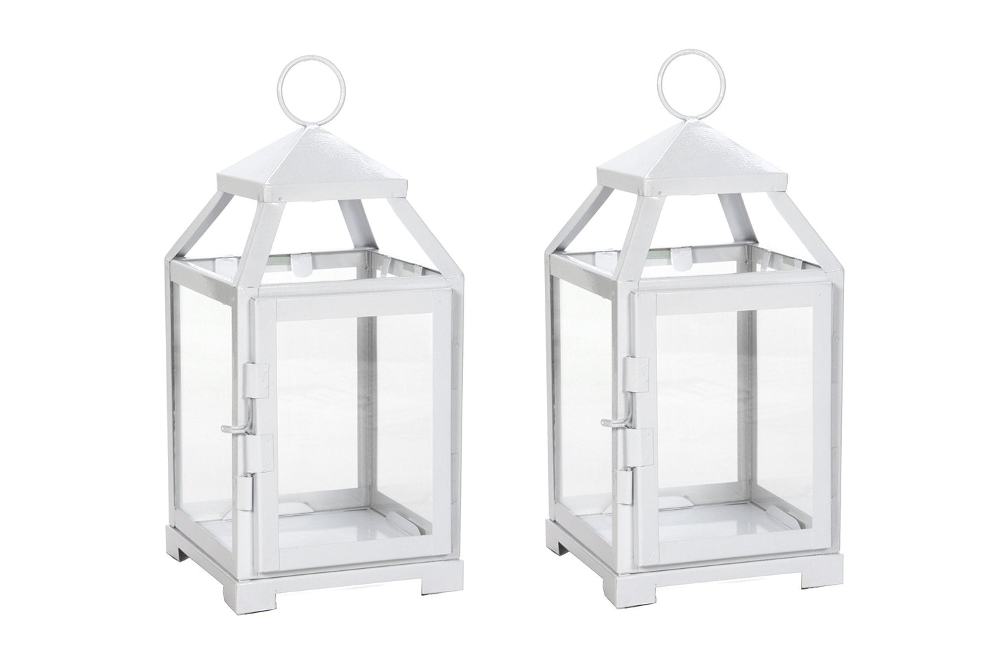 Hosley Set of 2 Clear Glass and Iron White Color Farmhouse Classic Style Lantern 12 Inch High Ideal Gift for Weddings Bridals Special Occasions Parties Aromatherapy and Spa Settings O4
