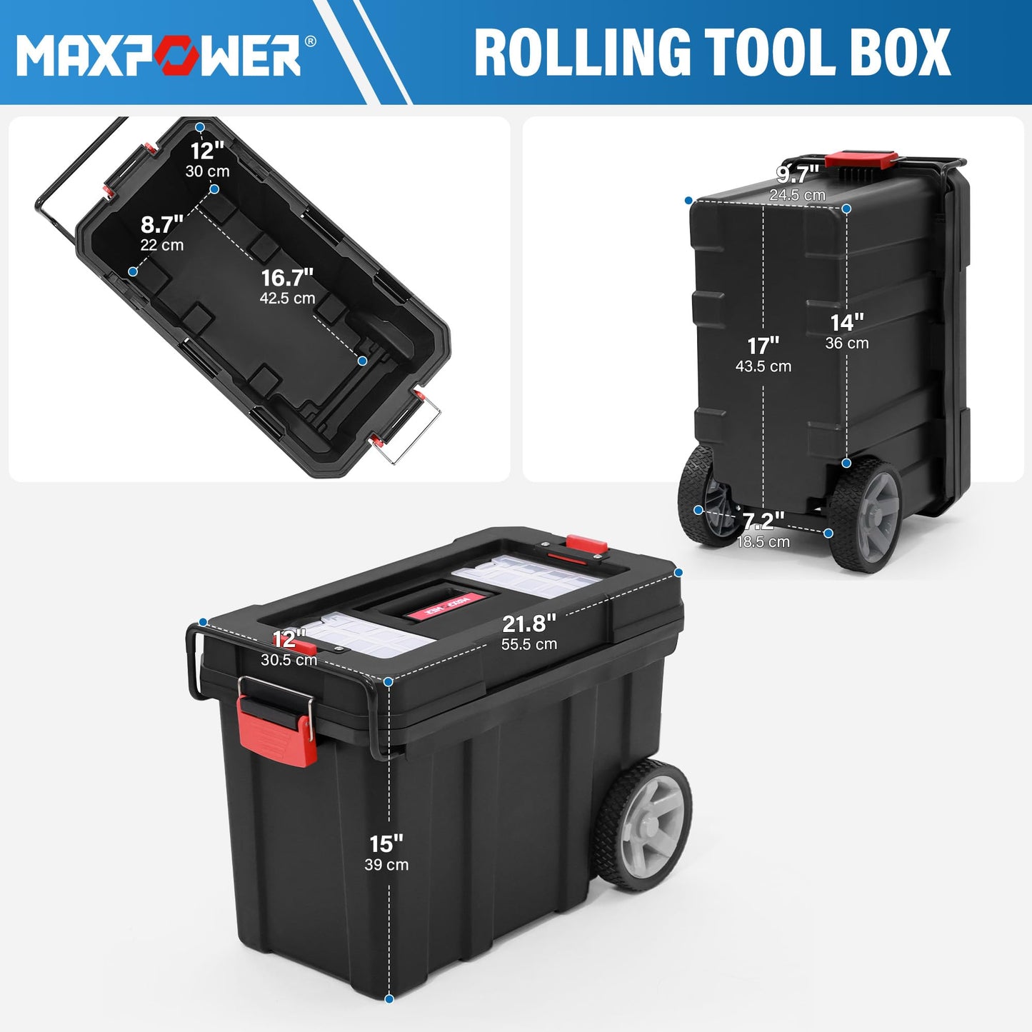 MAXPOWER Rolling Tool Box with Wheel, 8 Gallon Storage Capacity Deep Tool Box, Lockable Latches, Removable Tray, Black Toolbox