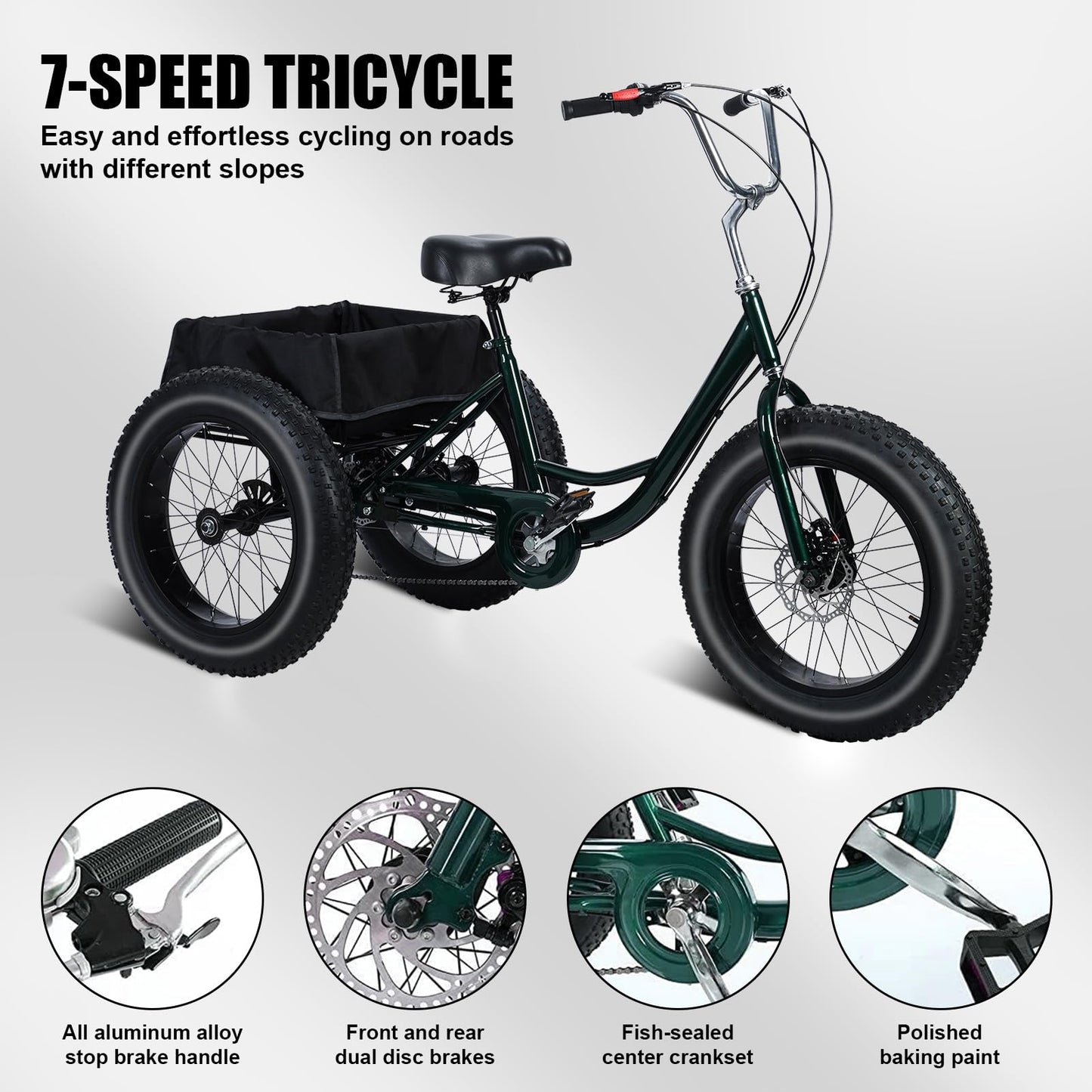 Hiborth Adult Tricycle, 20-Inch Fat Tire Comfort Bike for Adults All-Terrain 3-Wheel Bike 7-Speed Heavy-Duty 450lb Capacity Trike with Dual Disc Brakes & Large Cargo Basket Shopping Basket