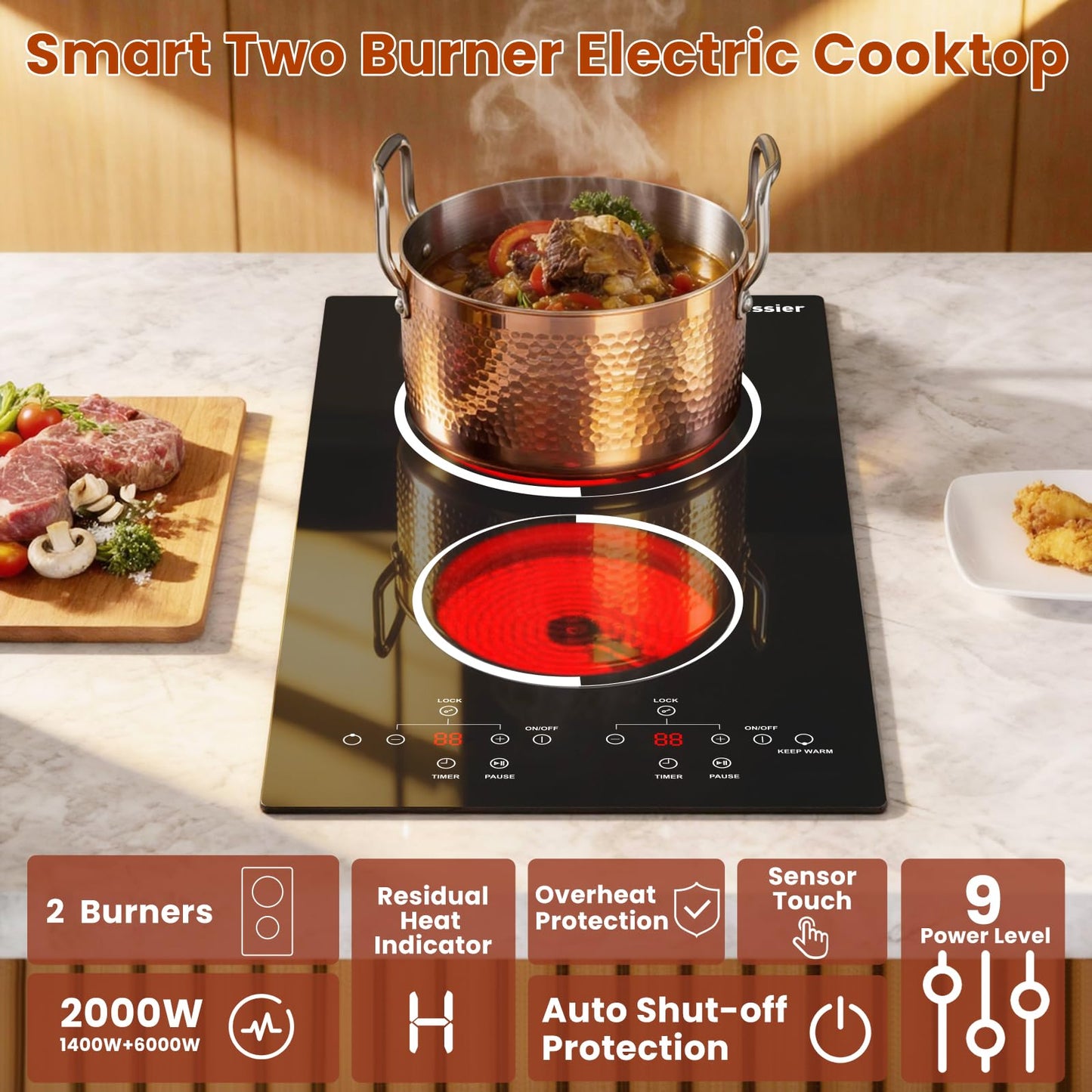 Jessier 2 Burner Electric Cooktop - 12 Inch Countertop & Built-in Electric Stove Top, 120V Plug in Electrical Cook Top, Timer, Safety Lock, Over-Temperature Protection, Sensor Touch Control