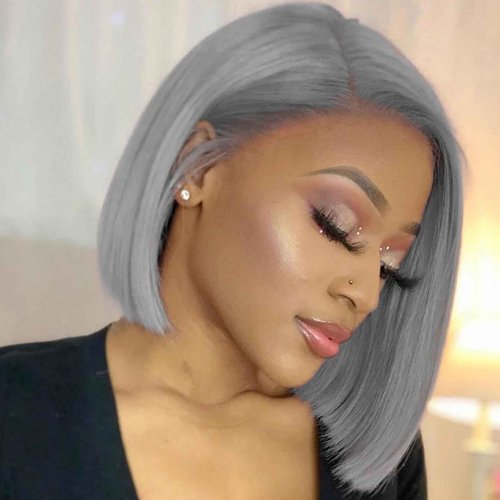 CUEKT 13x6 Grey Bob Lace Frontal Wig Human Hair Short Straight Transparent Front Wig Natural Density Pre Plucked Hairline Colored Gray Bob Wigs for Women 10 Inch