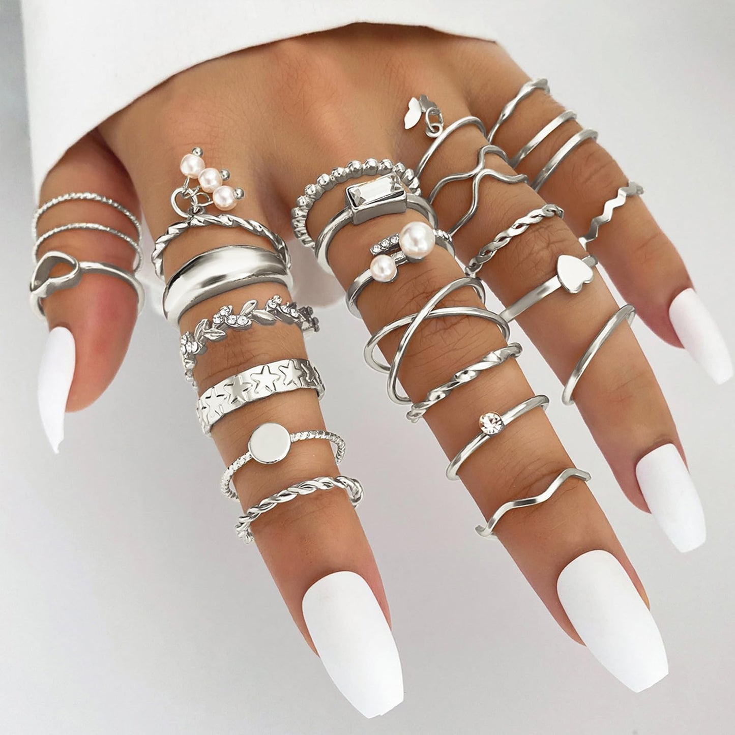 IFKM 24 Pcs Silver Knuckle Rings Set For Women Vintage Stackable Joint Finger Midi Rings Dainty Cubic Zirconia Crystal Simple Twist Hollow Cute Rings Pack Jewelry Gift (Heart's Voice, Silver)