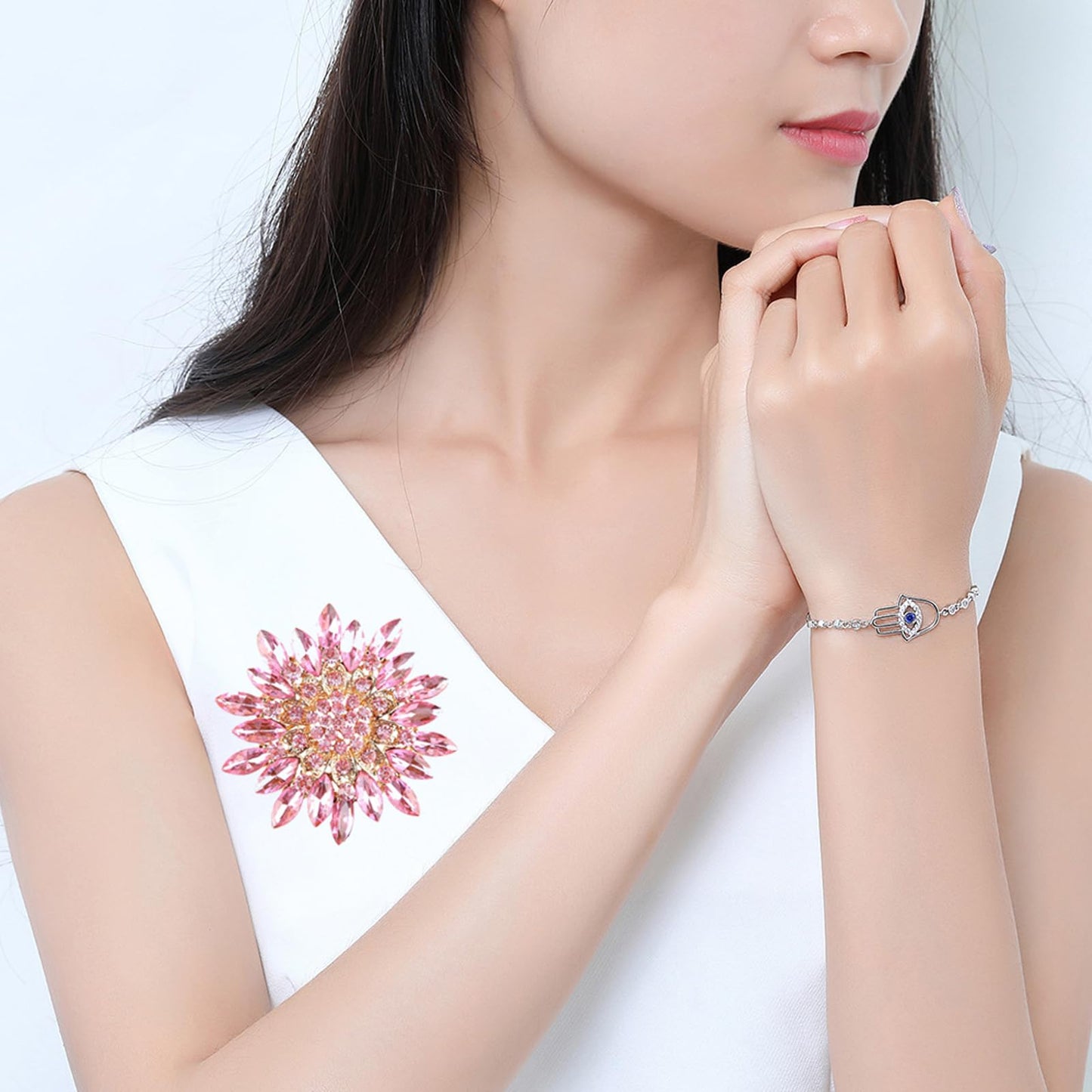 Rhinestone Large Flower Brooches Pins for Women Fashion Sparkly Crystal Sunflower Statement Brooch Wedding Party Suit Dress Formal Jewelry Accessories (pink)