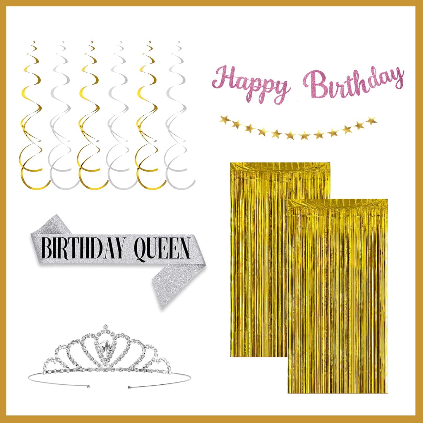 Birthday Decorations for Women Girl with Happy Birthday Sign, Banner Garland Swirls Paper Pompoms,Balloons,Fringe Curtain Suitable decor for 18th 20th 30th 40th 60th Party Supplies(Champagne Gold)