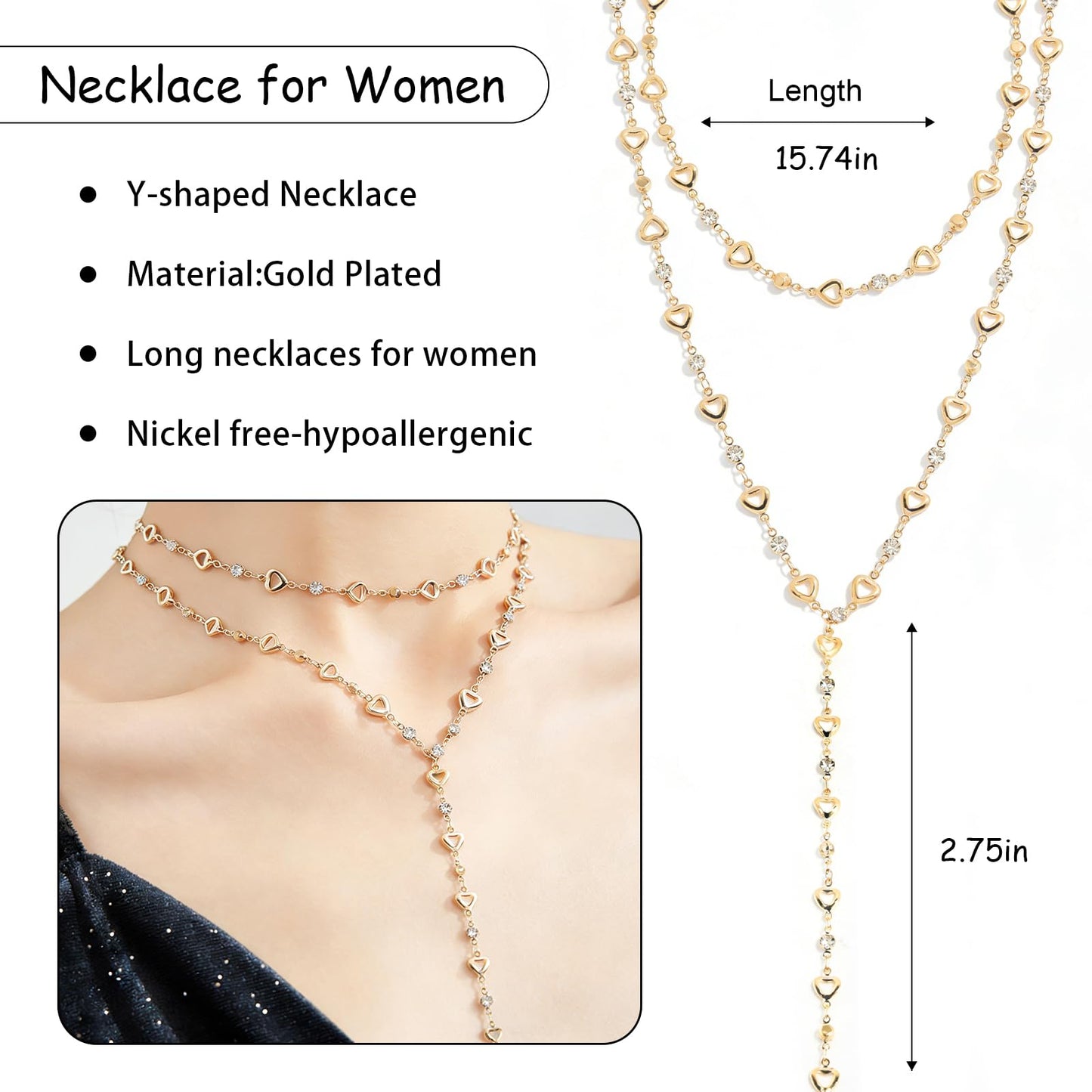 ENGCKSHI Necklace for Women, Dainty Long 14K Gold Y-Shaped Necklace Jewelry Trendy Beaded Layered Chain Drop Necklaces Jewelry Women Gifts