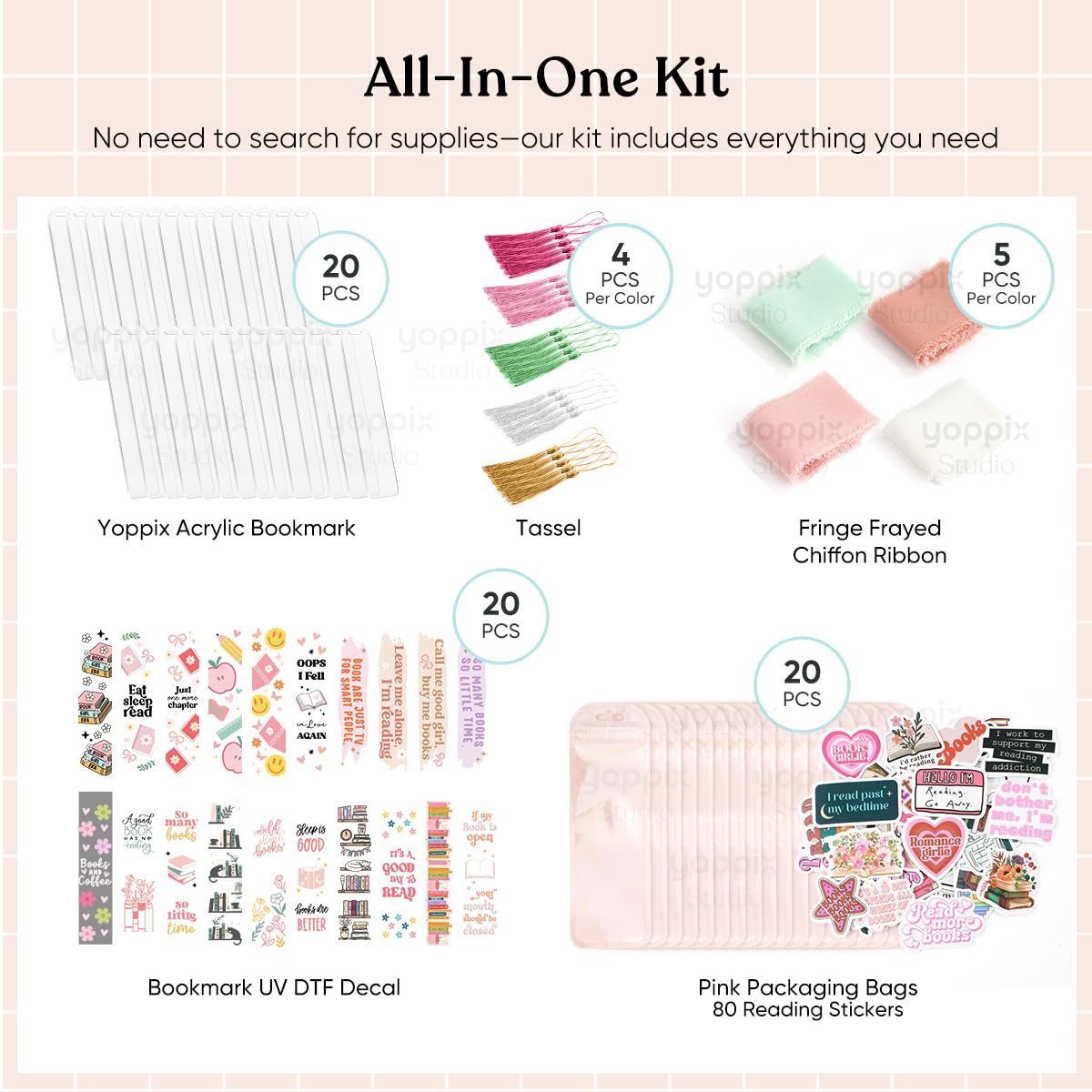 180 Pcs Acrylic Bookmark Blanks- 20 Set Bookmark Making Kit with 20 UV DTF Stickers About Book Lover Theme 20 Tassels 20 Ribbon 80 Bookish Stickers for DIY Your Crafts Gift for Book Lover