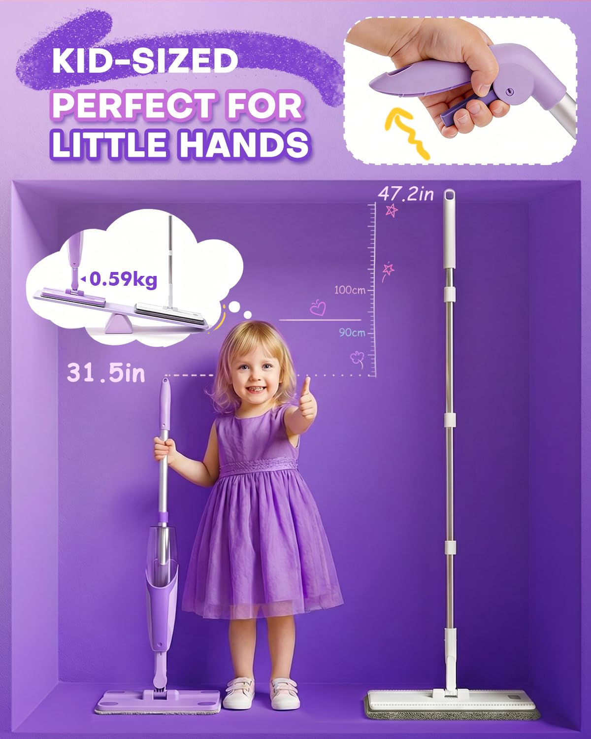 Purple Mini Spray Mop for Toddler-Montessori Cleaning Toy that Real Spray Water,Pretend Playhouse Essentials for Girls Ages 3-8,Toddler Educational Housekeeping Set